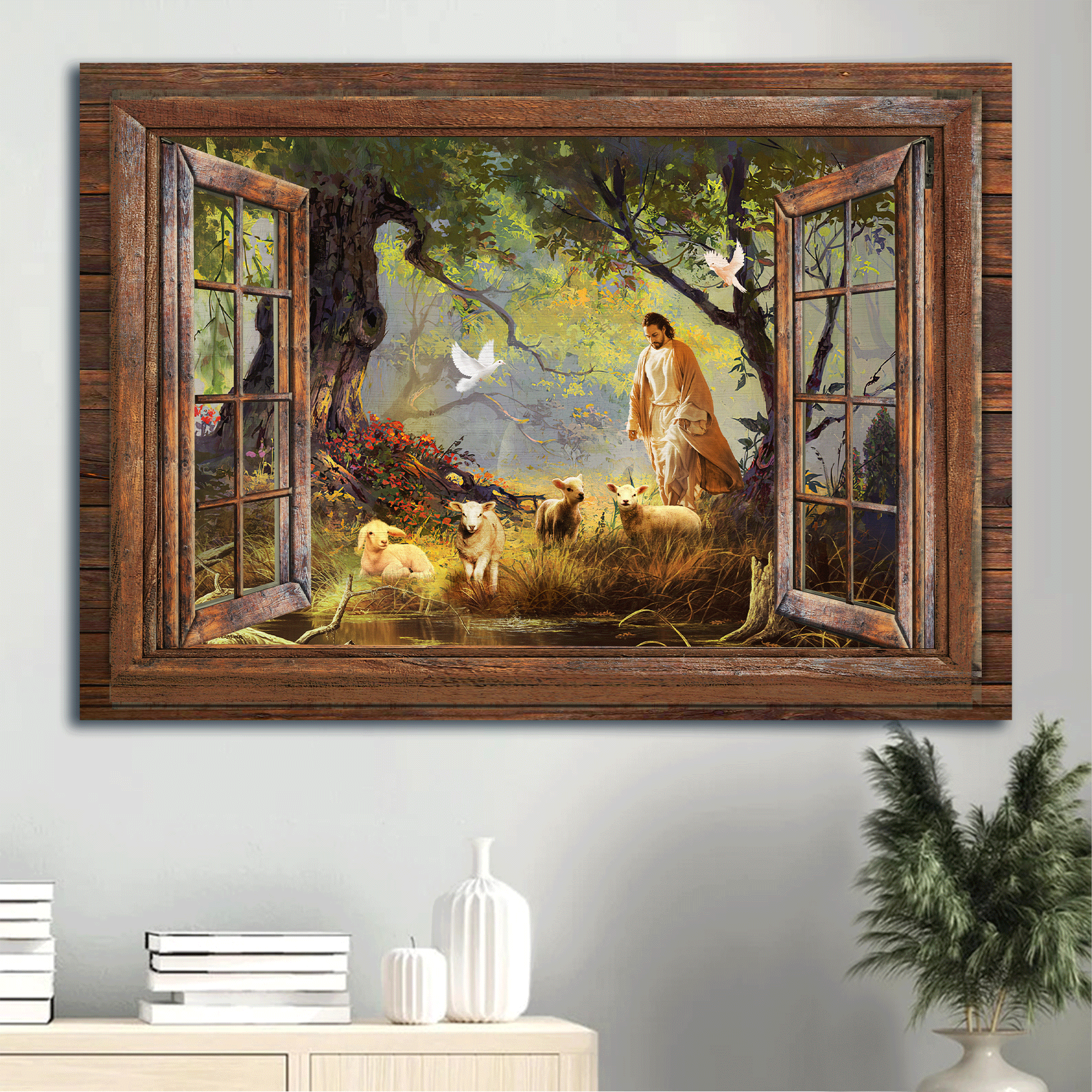 Jesus Landscape Canvas - Lambs painting, Walking with Jesus, Into the forest, Spring forest, Window frame Canvas - Gift For Christian Landscape Canvas