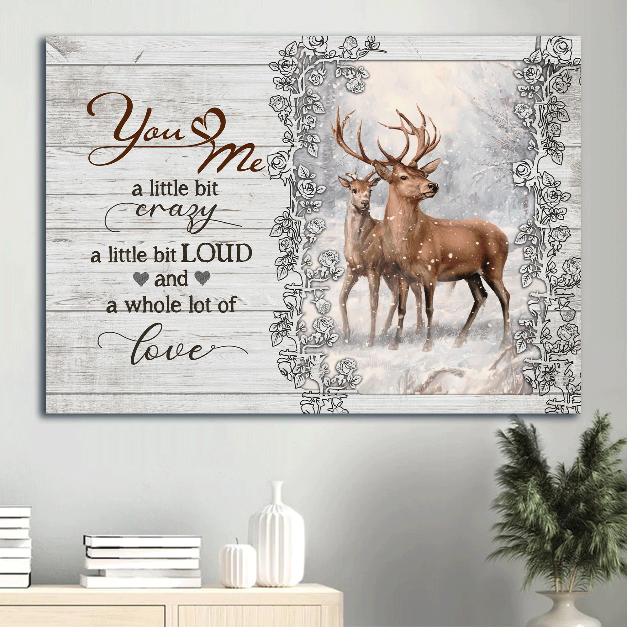 Couple Landscape Canvas- Deer drawing, Deer couple, Winter forest, White snow canvas- Gift for couple, lover- A whole lot of love