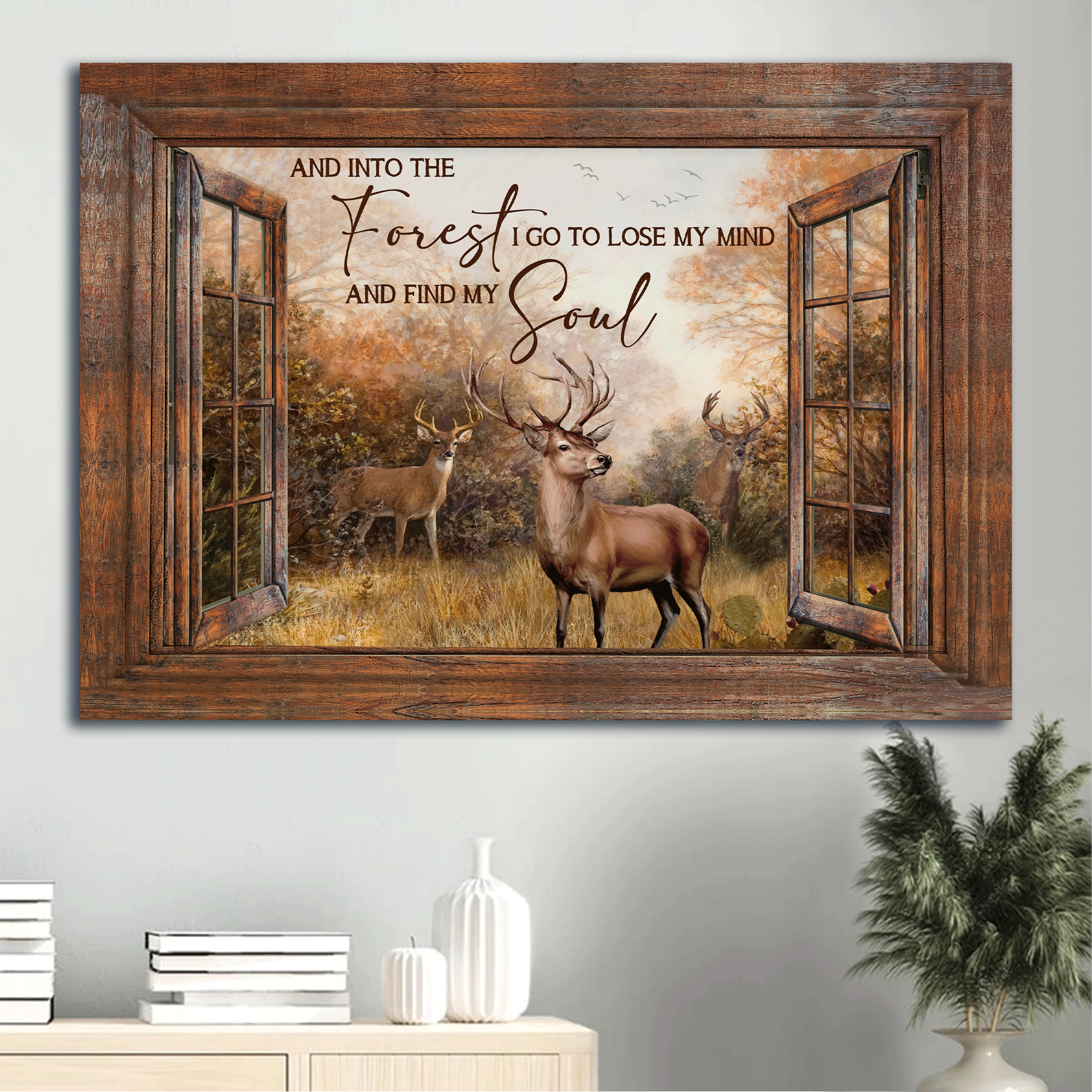 Jesus Landscape Canvas - Window Frame, Forest Drawing, Deer Painting Canvas - Gift For Christian - Into The Forest I Go Canvas