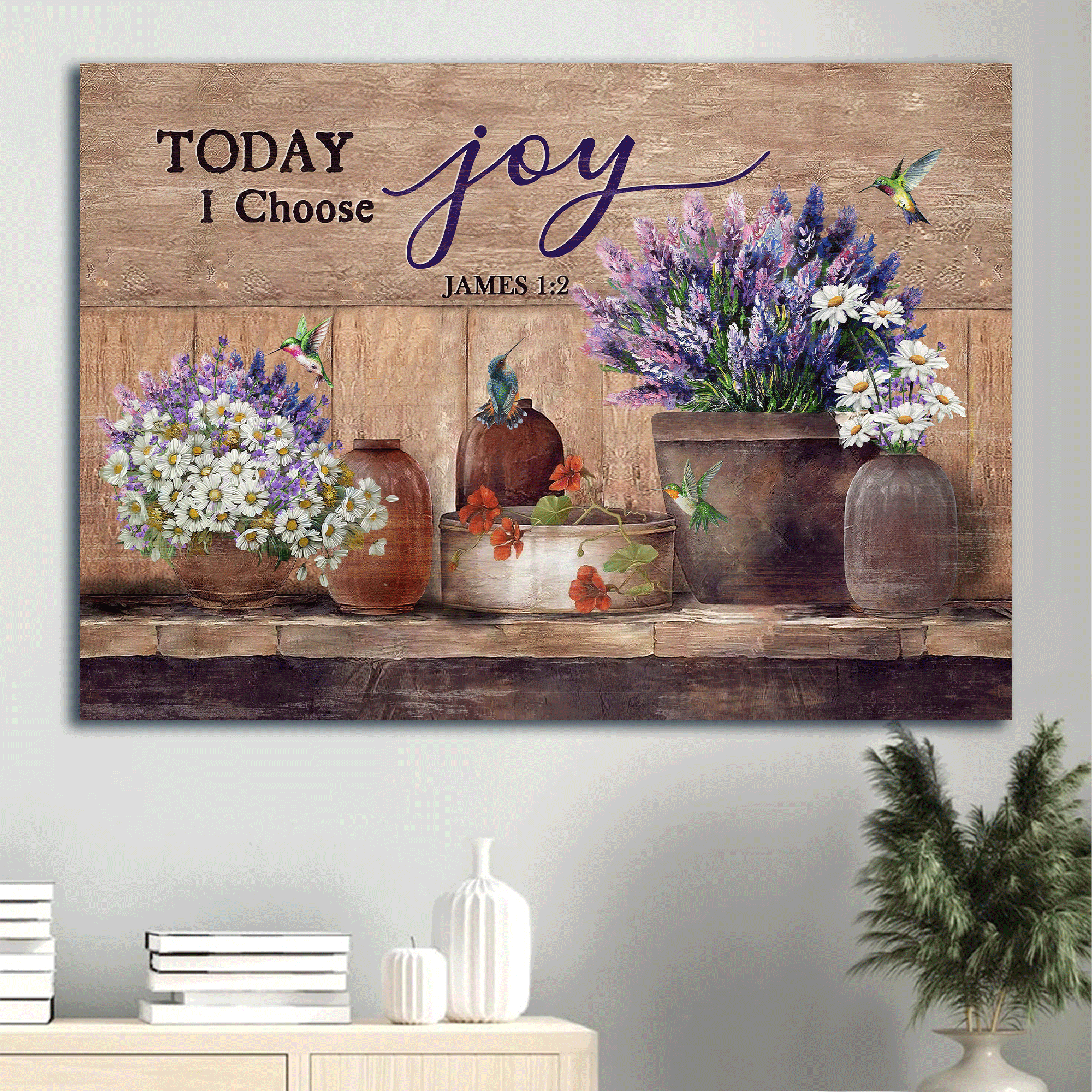 Jesus Landscape Canvas - Lavender vase, Beautiful flower, Hummingbird Canvas - Gift For Christian - Today I choose joy Landscape Canvas