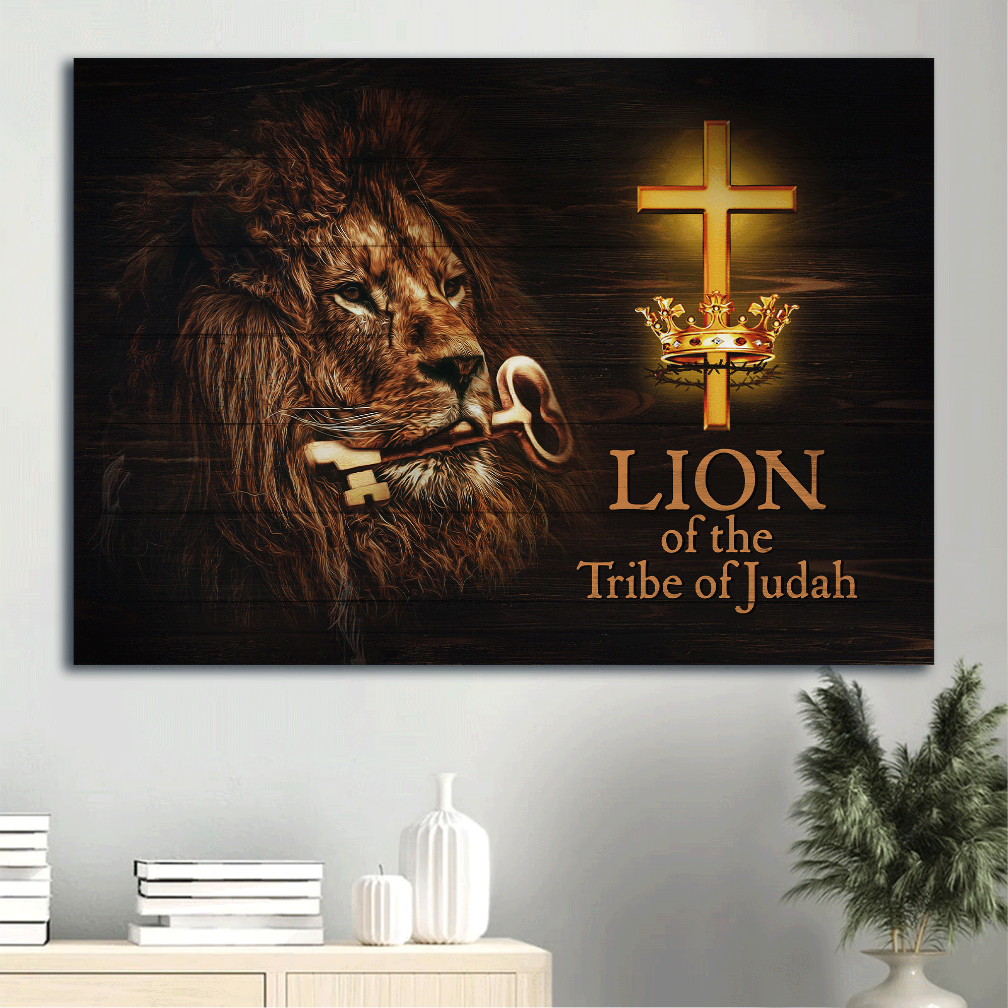 Jesus Landscape Canvas - Lion painting, Golden key Landscape Canvas - Gift For Christian - Lion of the Tribe of Judah Landscape Canvas