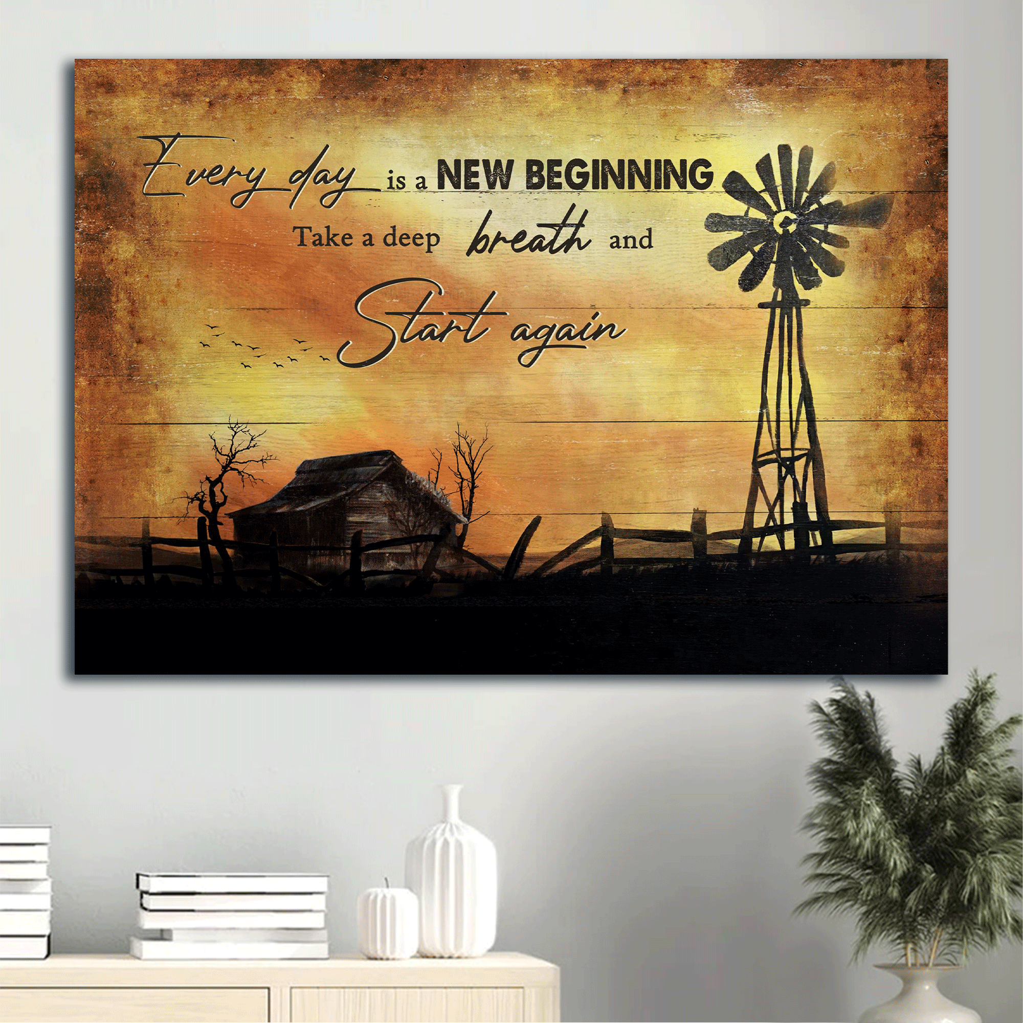 Jesus Landscape Canvas - Old Barn Painting, Windmill, Sunset Landscape Landscape Canvas - Gift For Christian - Everyday is a new beginning Landscape Canvas