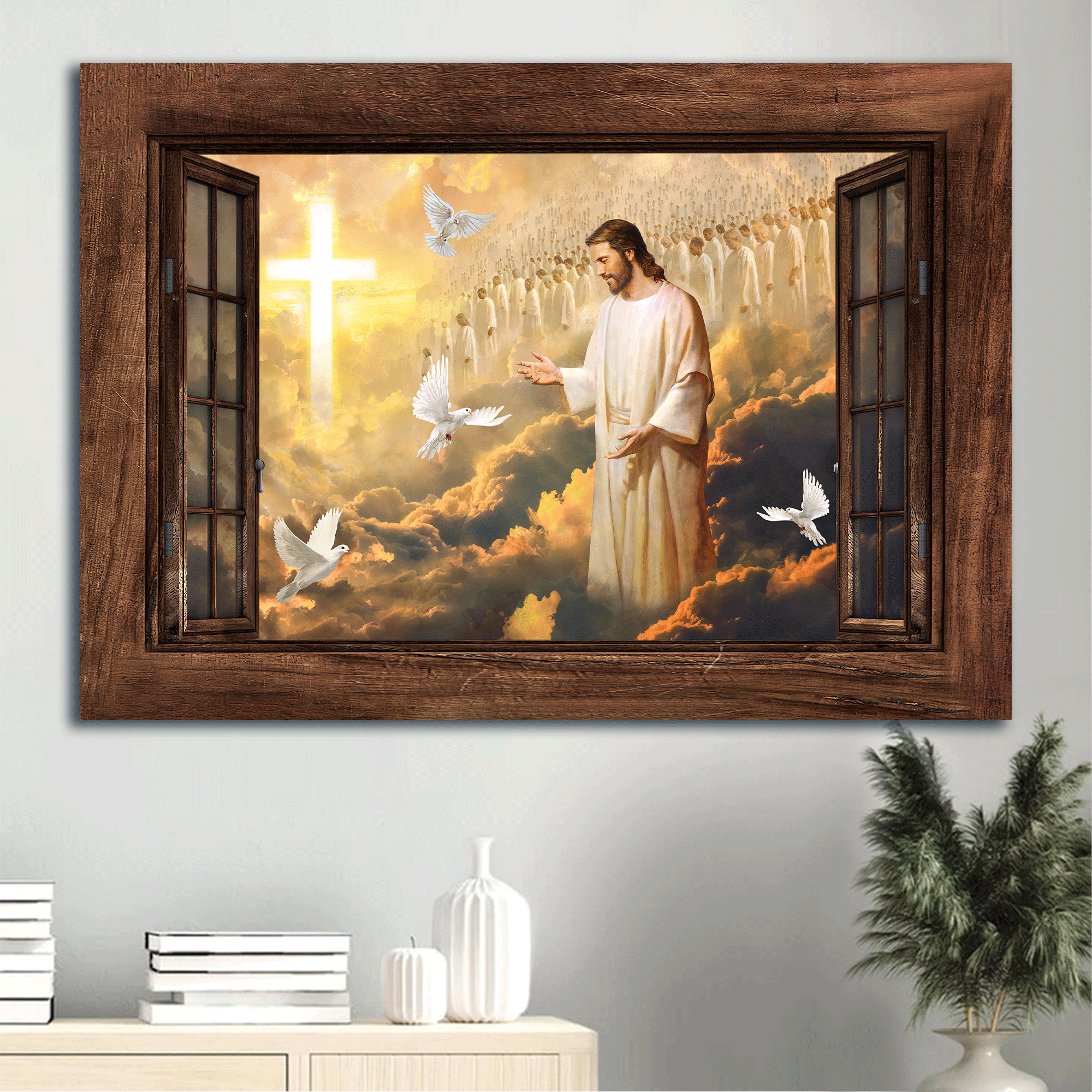 Jesus Landscape Canvas - Walking With Jesus, White Dove, Beautiful Heaven, Cross Symbol Canvas - Gift For Christian