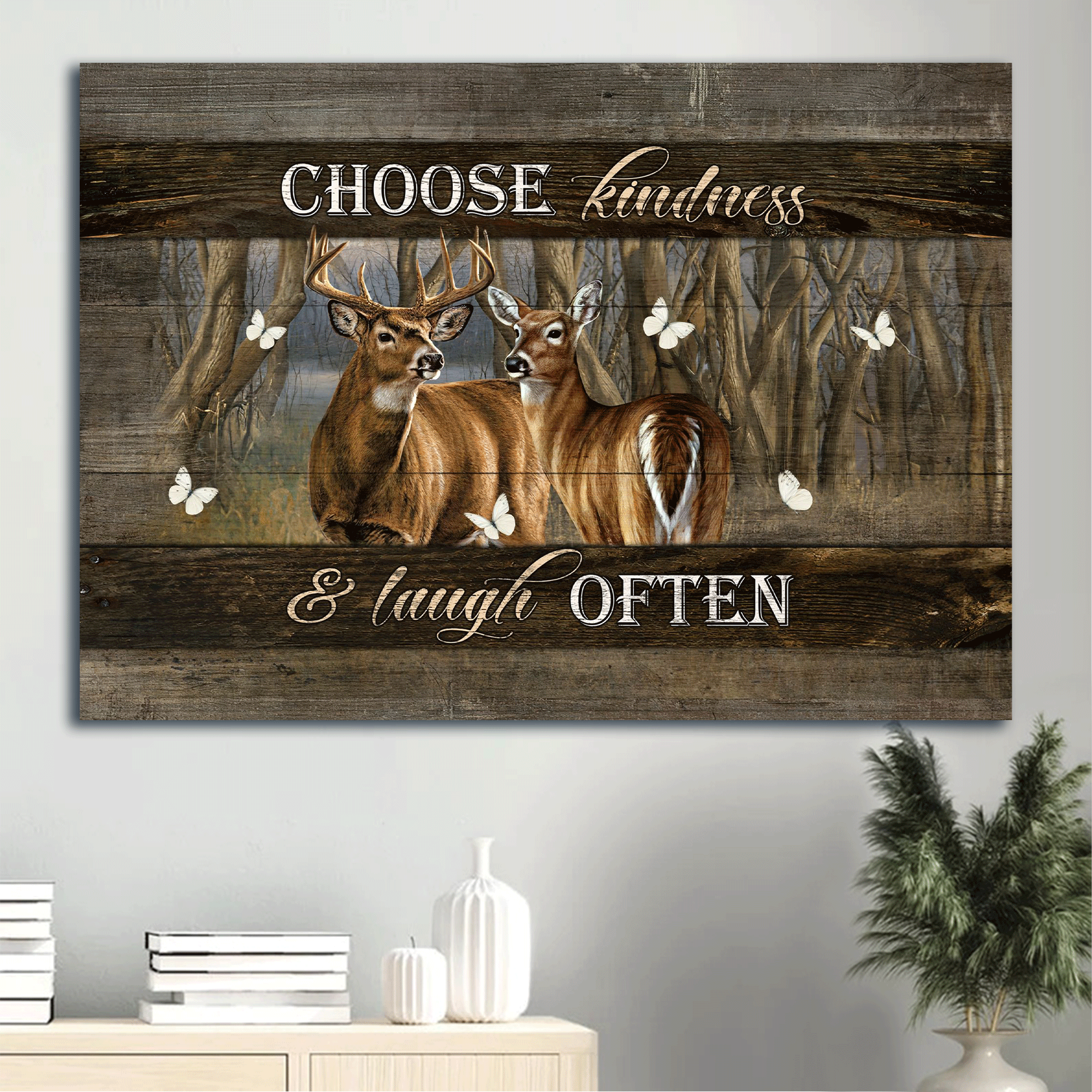 Jesus Landscape Canvas- Deer painting, Forest drawing, White butterfly canvas- Gift for Christian- Choose kindness and laugh often