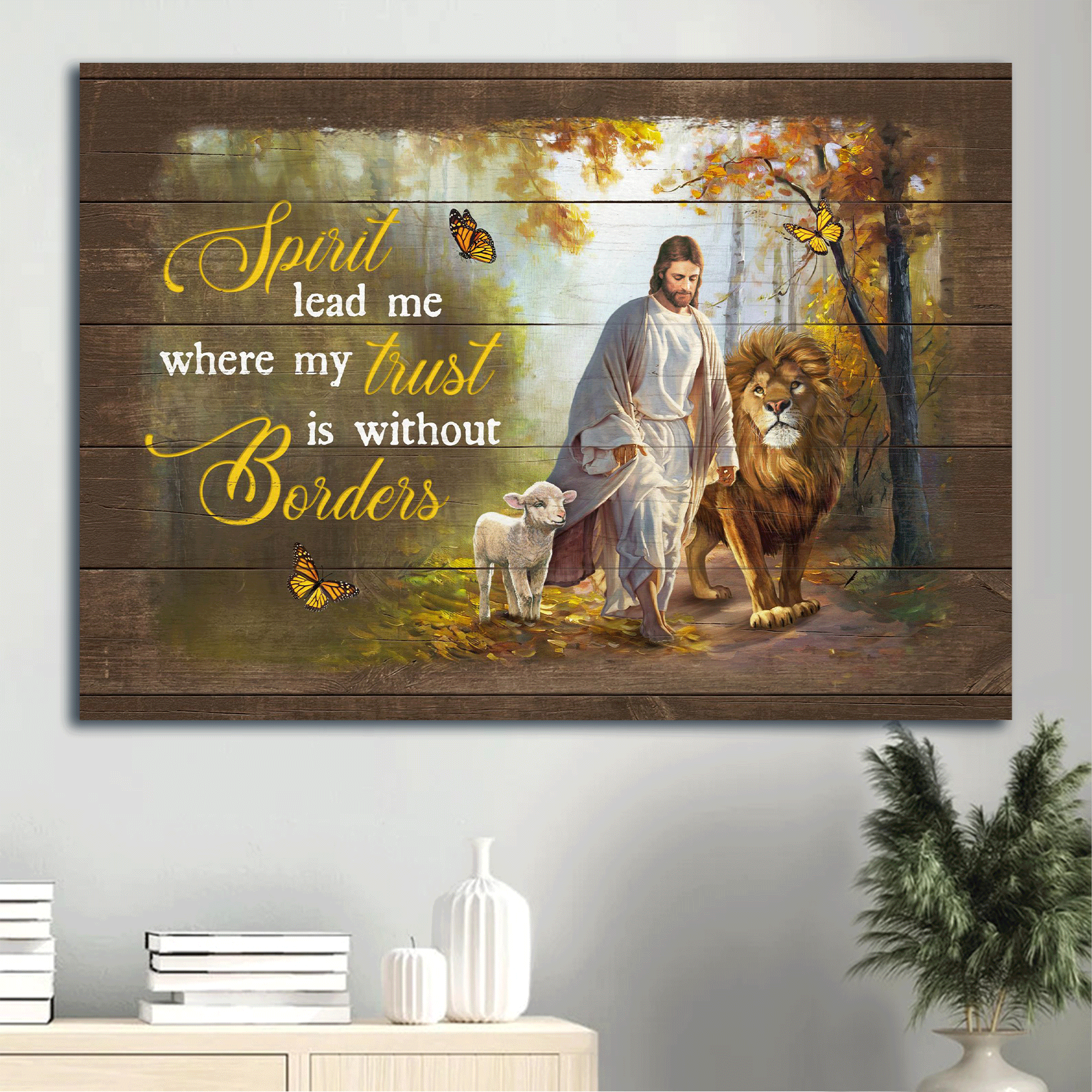 Jesus Landscape Canvas - Jesus walking, Lion painting Canvas - Gift For Christian - Spirit lead me where my trust is without borders Canvas