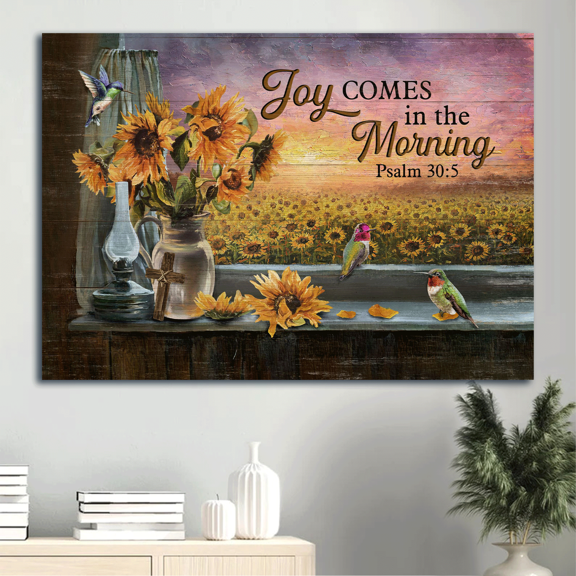 Jesus Landscape Canvas - Stunning Sunflower, Hummingbird Canvas - Gift For Christian - Joy Comes In The Morning Canvas