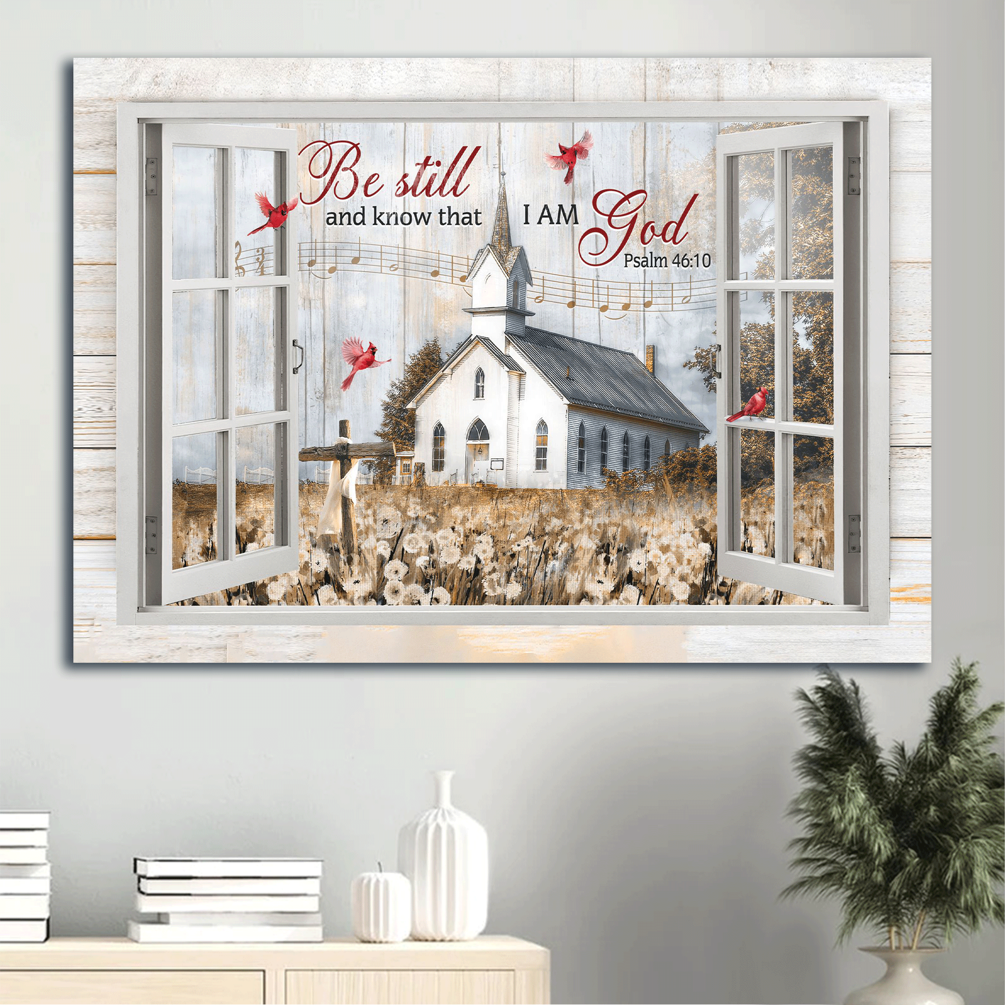 Jesus Landscape Canvas - Beautiful church, Dandelion field, Red cardinal Canvas - Gift For Christian - Be still and know that I am God