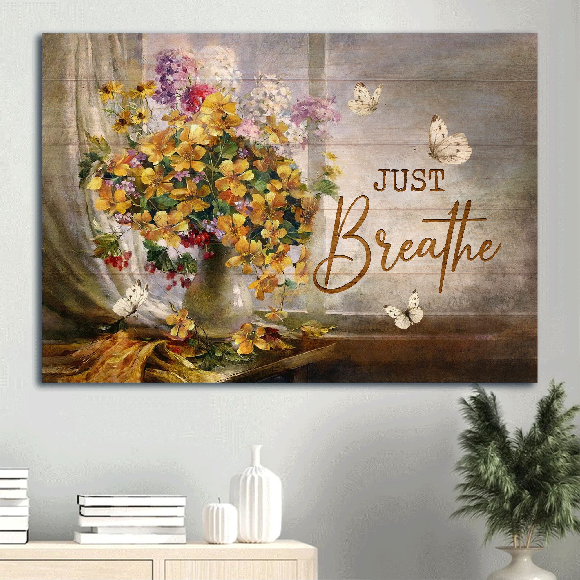 Jesus Landscape Canvas- Beautiful flower vase, White butterfly, Stunning flower painting, Flower painting Canvas- Gift For Christian- Just breathe