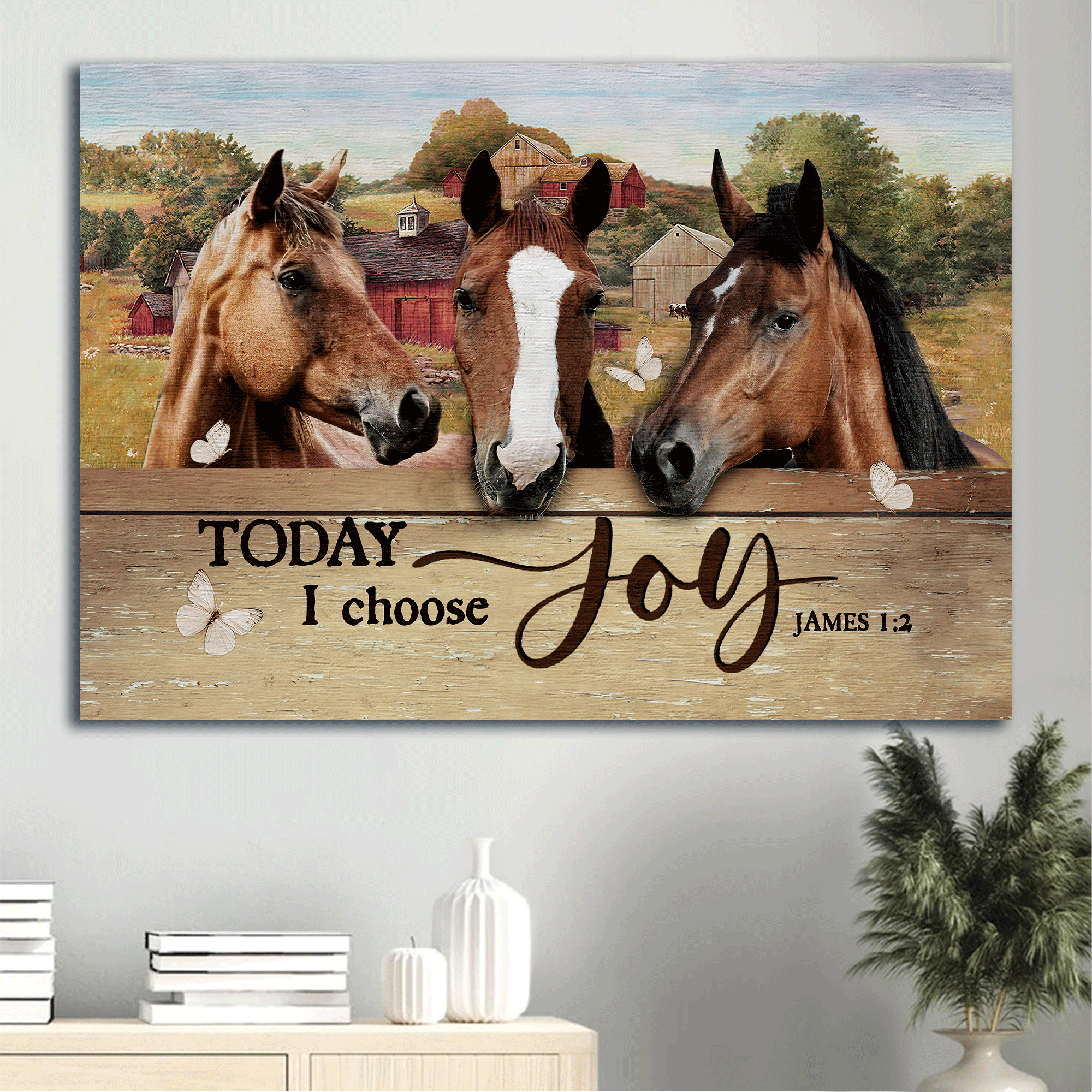 Jesus Landscape Canvas - Beautiful horse painting, Farm drawing, Red house canvas- Gift for Christian- Today I choose joy