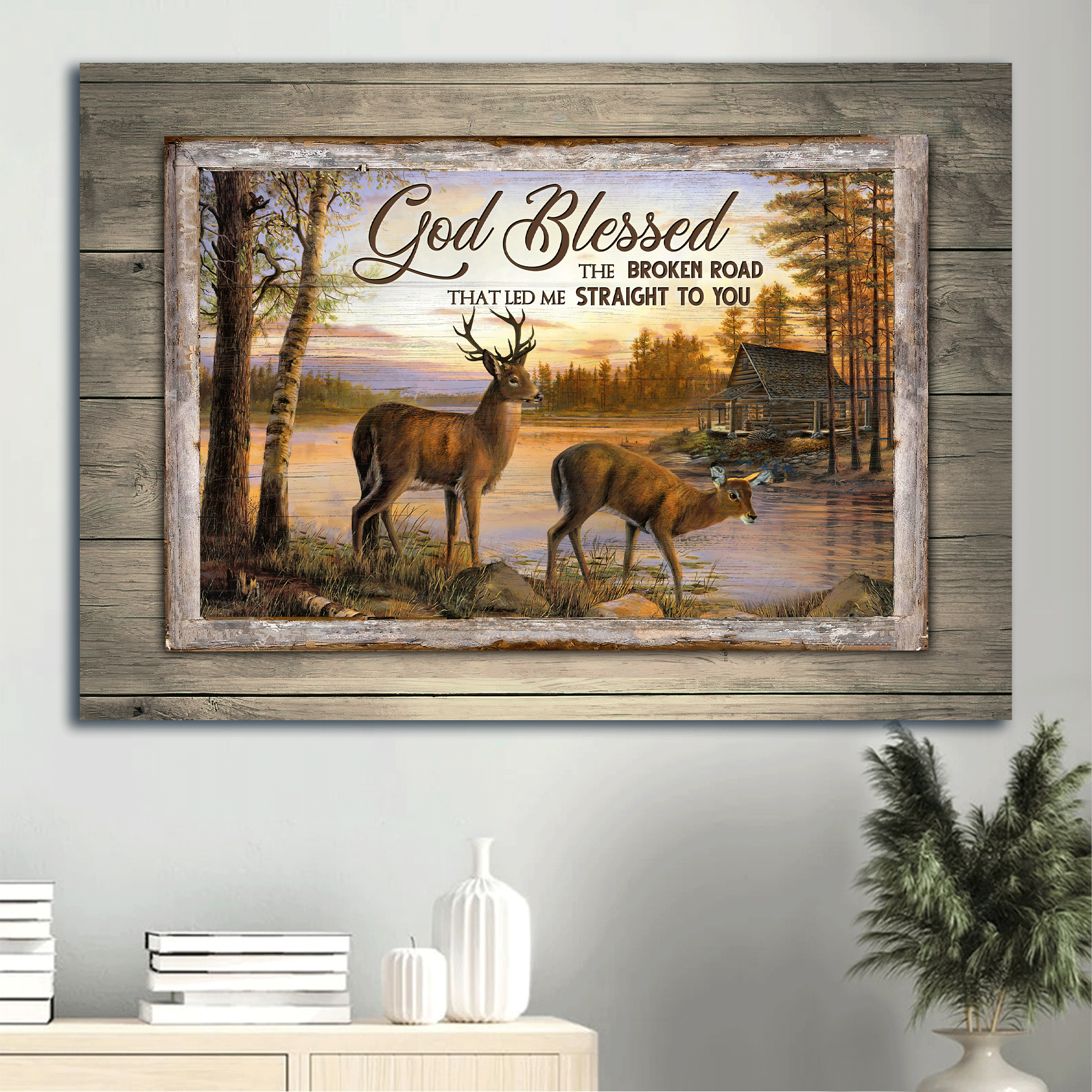 Jesus Landscape Canvas - Beautiful sunset, Brown deer, River painting Landscape Canvas - Gift For Christian - God blessed the broken road