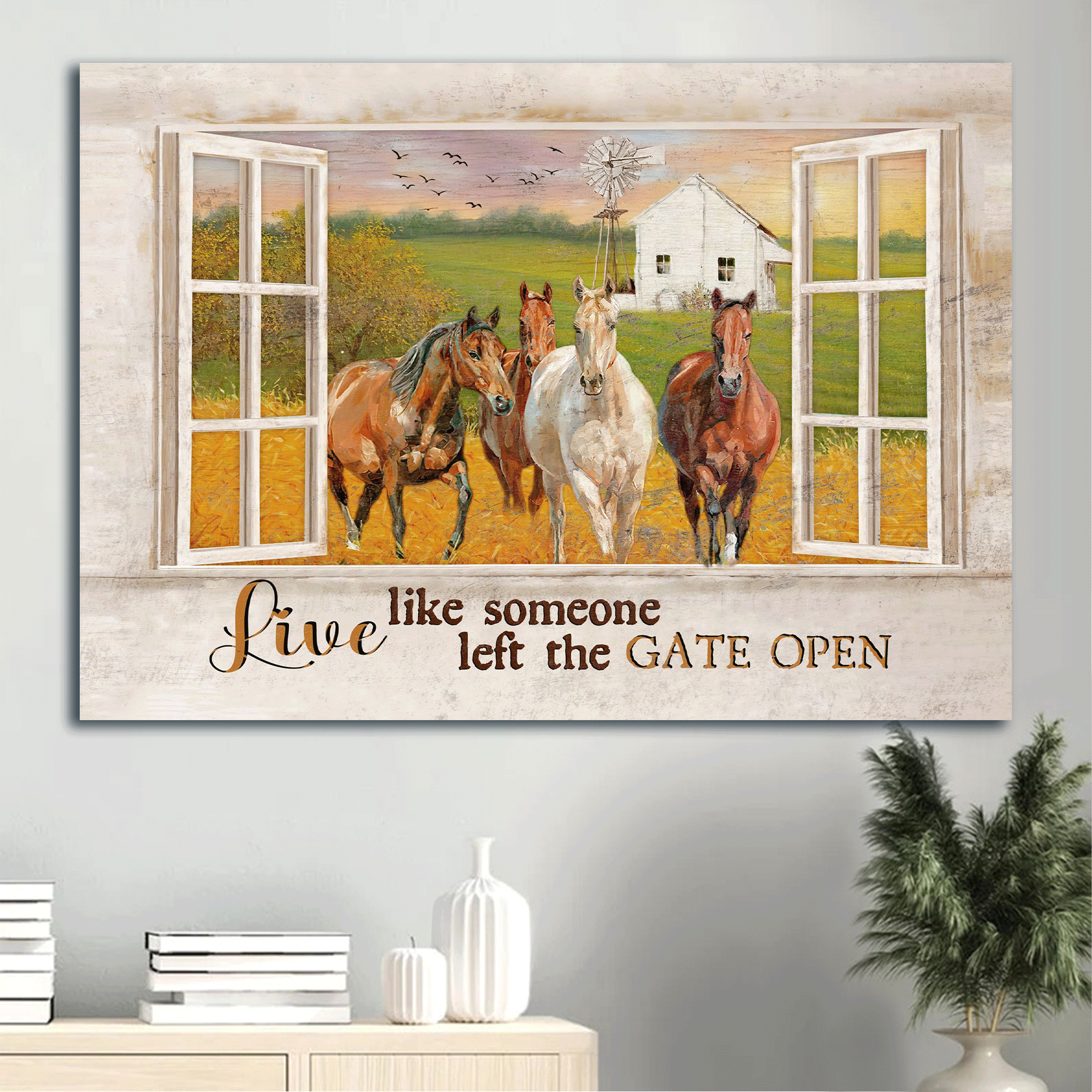 Jesus Landscape Canvas - Beautiful meadow land, Quarter horse, Windmill Landscape Canvas - Gift For Christian - Live like someone left the gate open