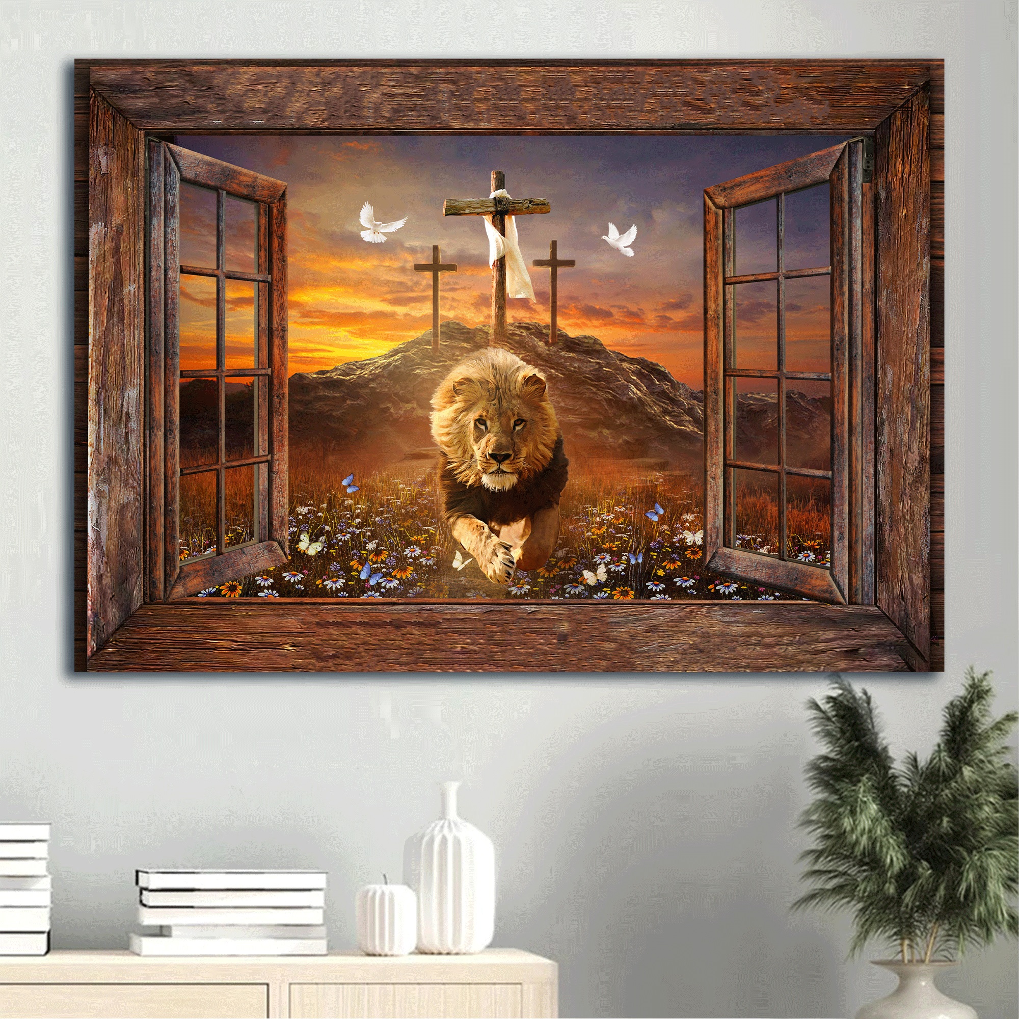 Jesus Landscape Canvas - Lion of Judah, Window frame, Sunset painting, The three crosses Landscape Canvas - Gift For Christian Landscape Canvas