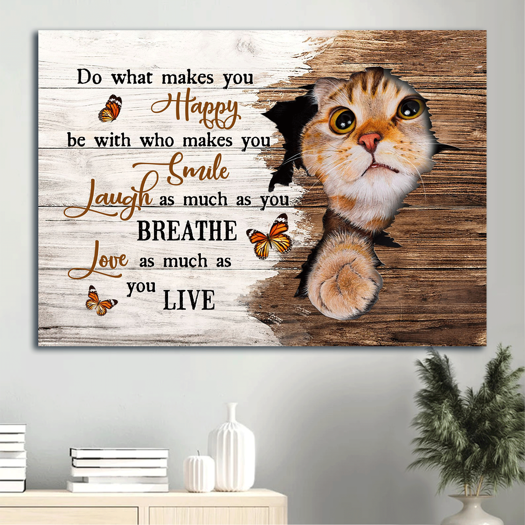 Jesus Landscape Canvas - Beautiful cat, Orange butterfly, Broken wall Landscape Canvas - Gift For Christian - Love as much as you live