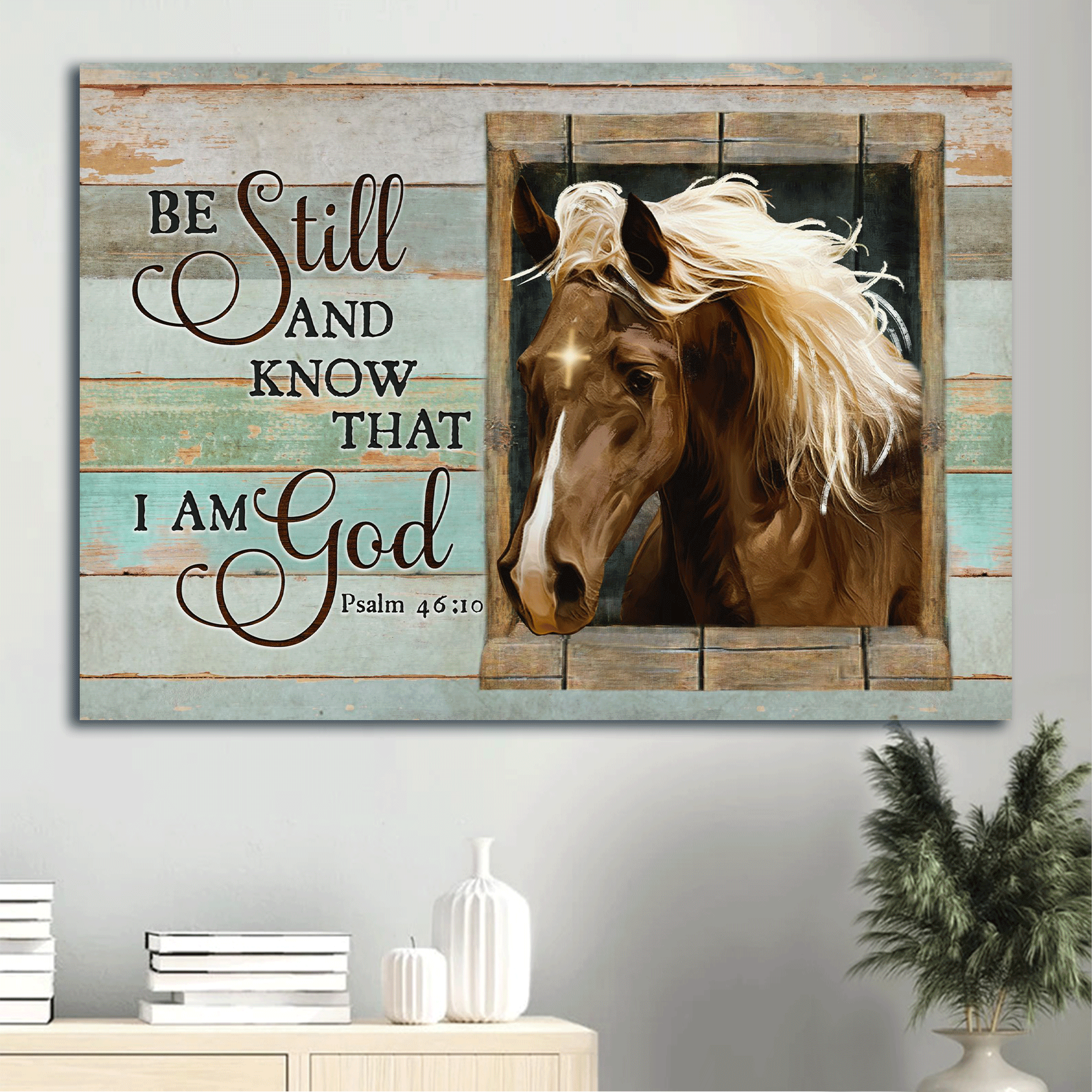 Jesus Landscape Canvas- Beautiful horse, White horse hair, Vintage window canvas- Gift for Christian- Be still and know that I am God