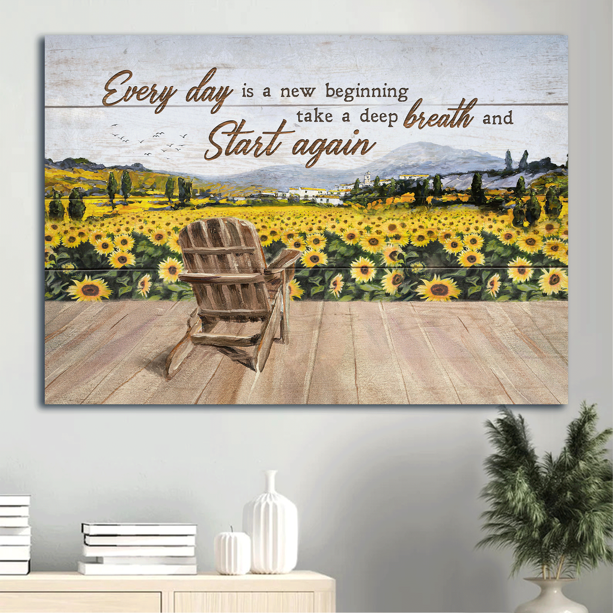 Jesus Landscape Canvas - Sunflower Painting, Peaceful Village, Flower Field Canvas - Gift For Christian - Everyday Is A New Beginning Canvas