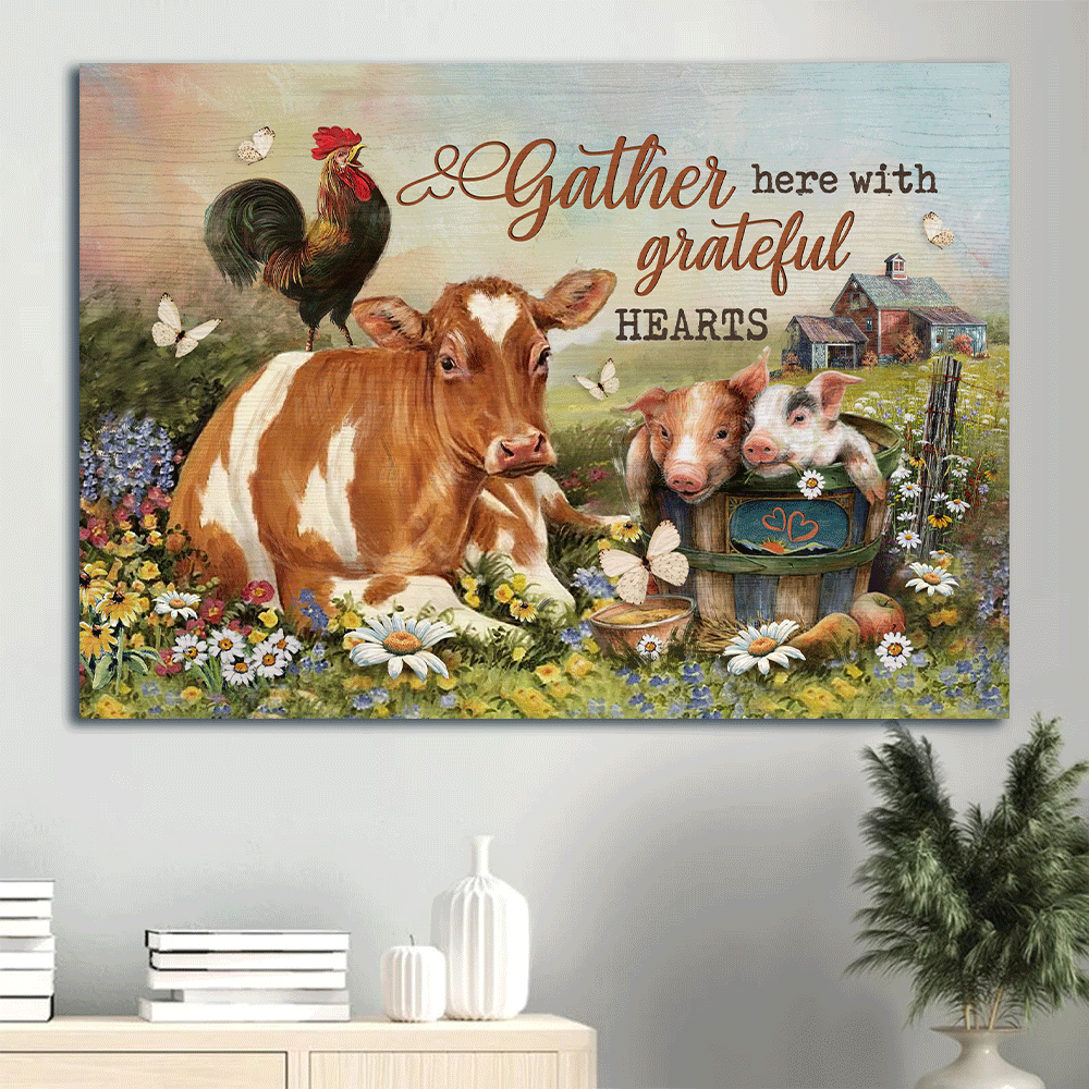 Jesus Landscape Canvas - Beautiful animals, Farm painting Landscape Canvas - Gift For Christian - Gather here with grateful hearts