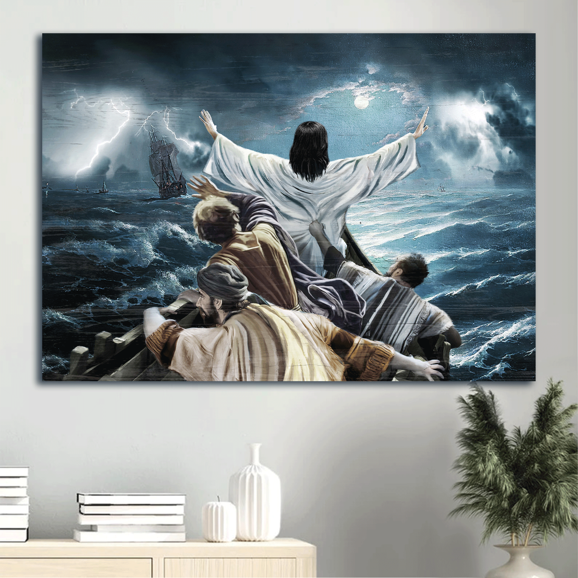 Jesus Landscape Canvas - The Storm On The Sea, Jesus Saved Us - Gift For Christian