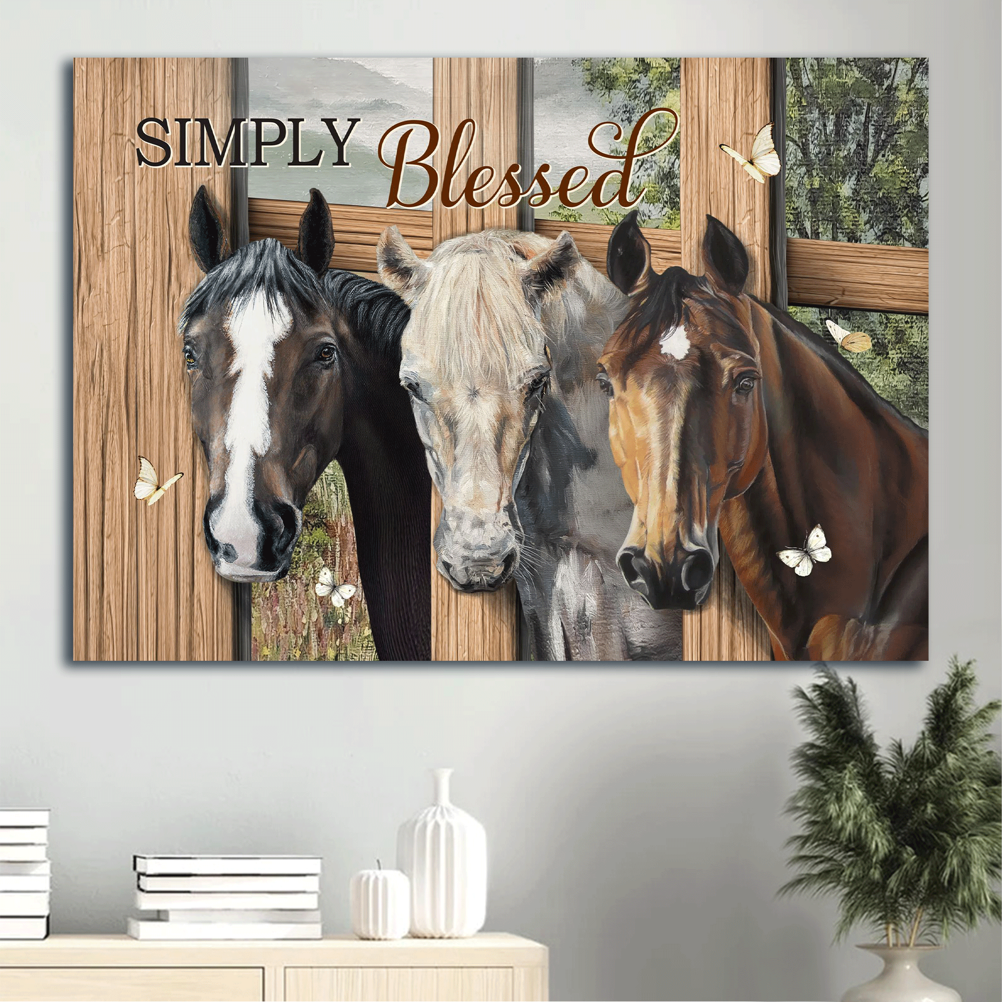 Jesus Landscape Canvas- Beautiful horse drawing, Quarter horse, White butterfly canvas- Gift for Christian- Simply blessed