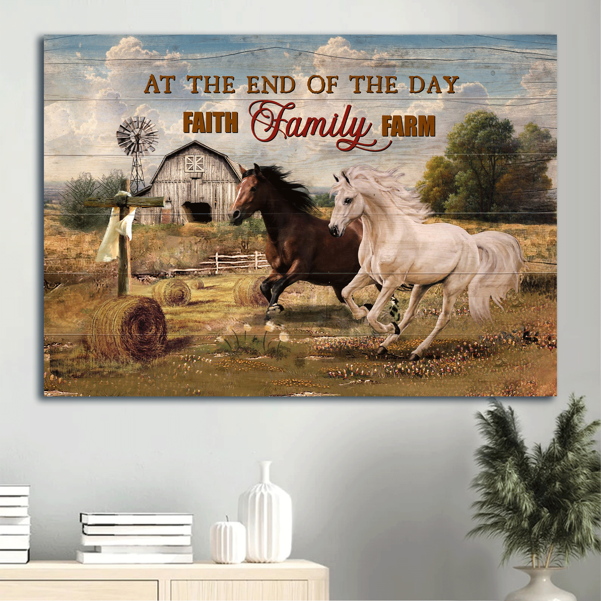 Jesus Landscape Canvas - Horse, Farm, Cross, At the end of the day Landscape Canvas - Gift For Christian - Faith family farm Landscape Canvas