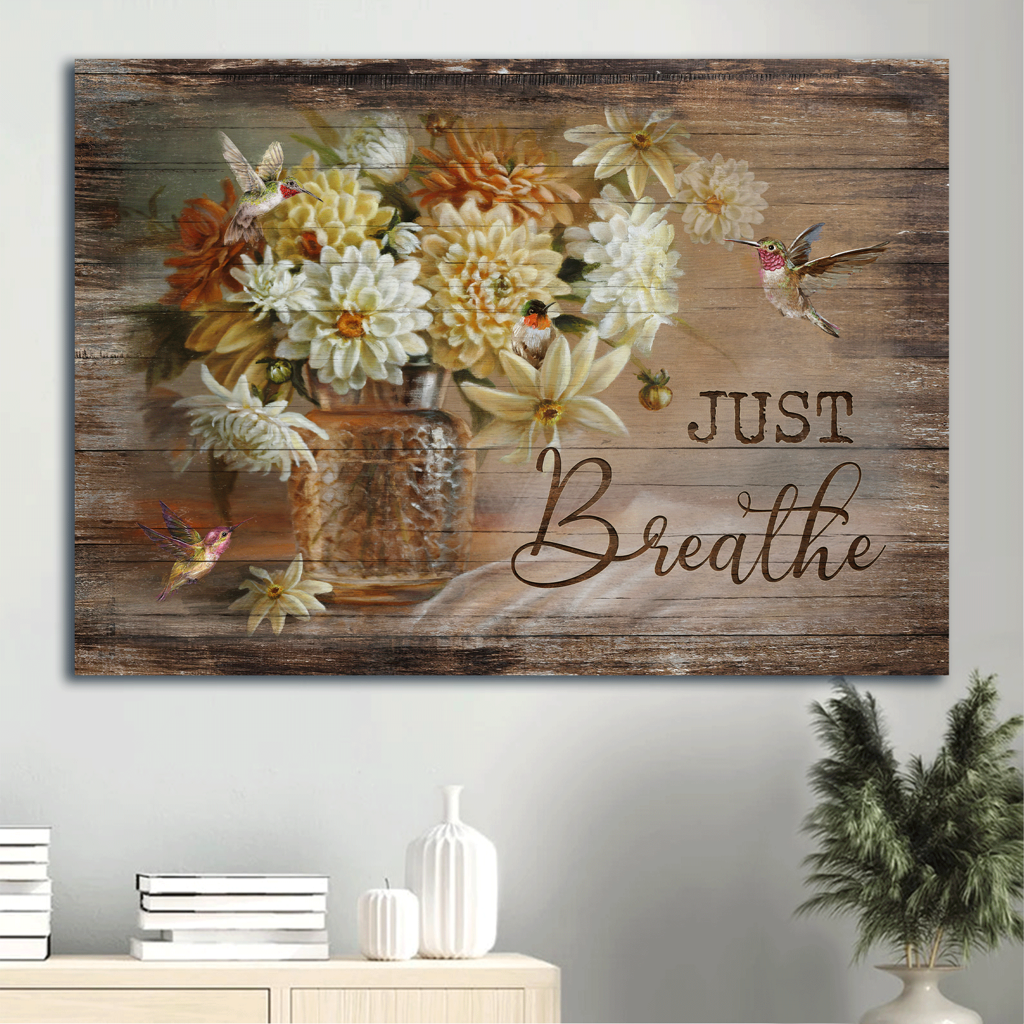 Jesus Landscape Canvas - Watercolor Hummingbird, Rustic White Flower, Vintage Painting Canvas - Gift For Christian - Just Breathe Canvas