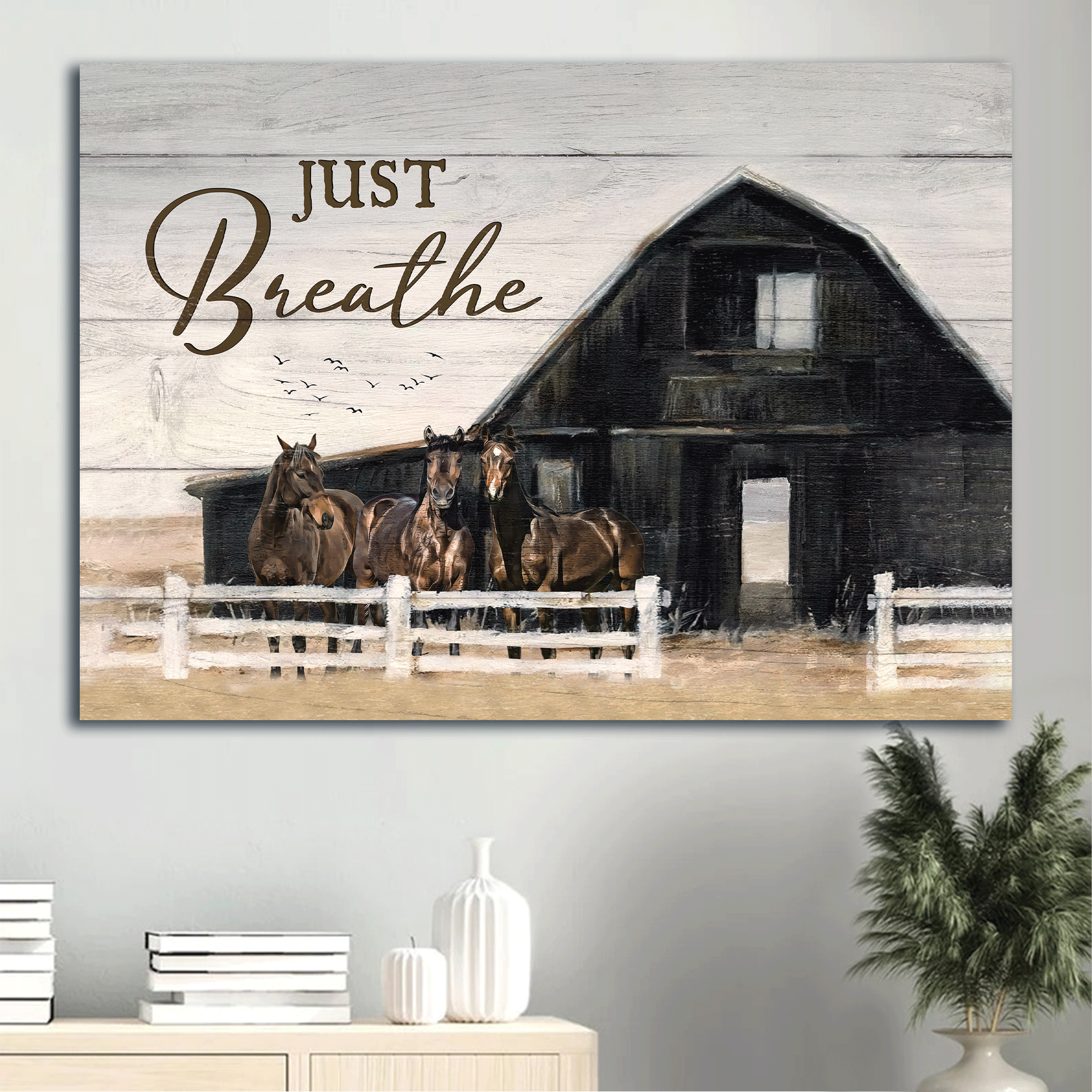 Jesus Landscape Canvas- Black house, Stunning horses, Farm painting, Just breathe canvas- Gift for Christian