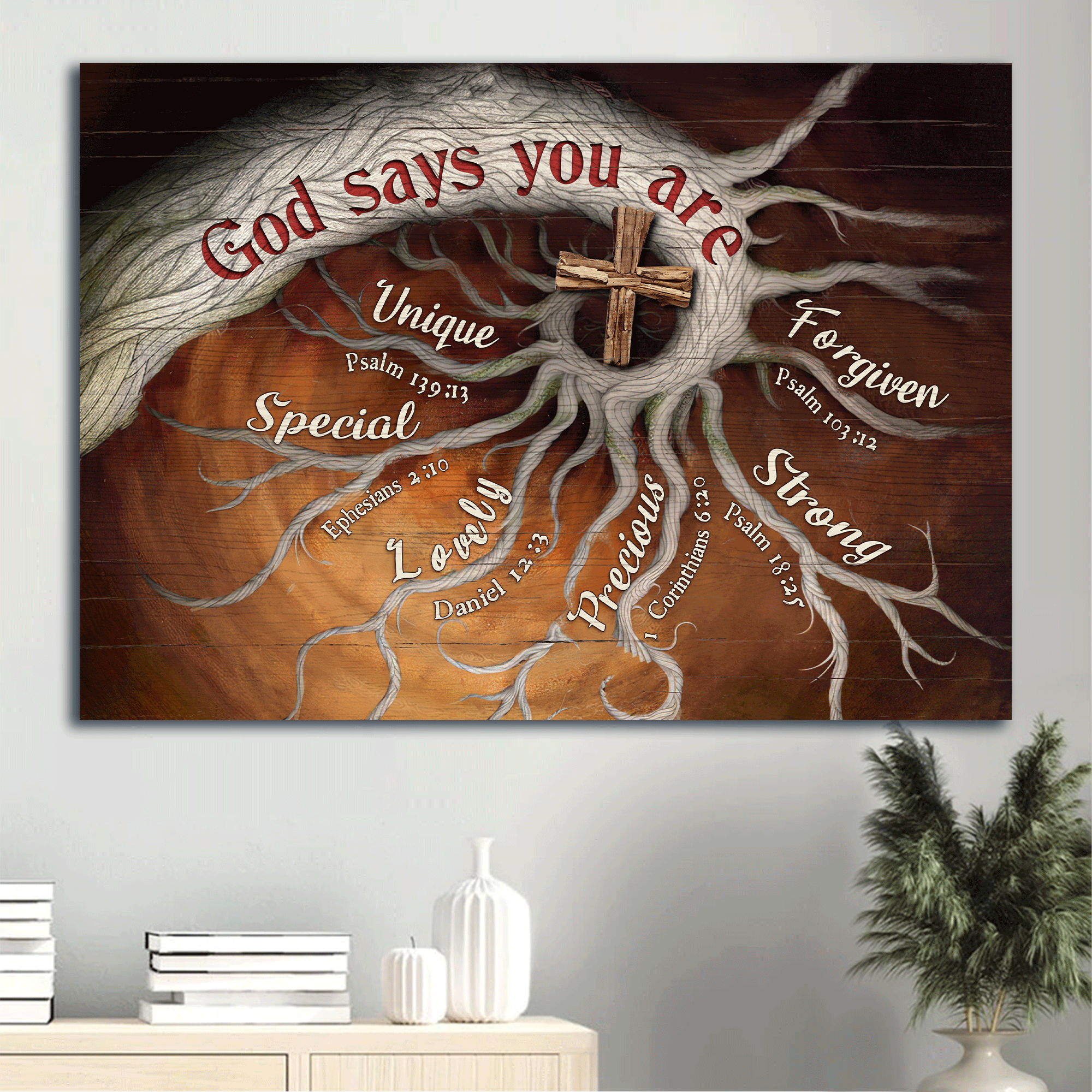 Jesus Landscape Canvas - tree roots, Wooden cross painting, Bible verses Landscape Canvas - Inspirational gift, Gift For Religious Christian - God says you are