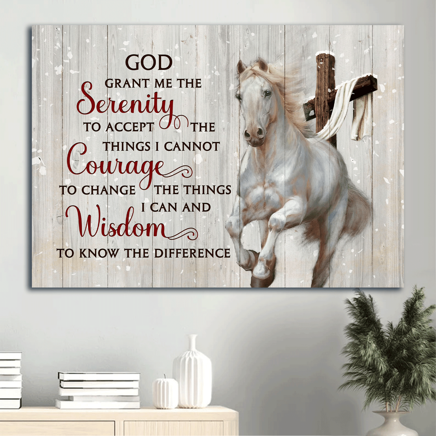 Jesus Landscape Canvas - White Horse, Wooden Cross Canvas - Gift For Christian - God Grant Me The Serenity To Accept The Things I Cannot Courage Canvas