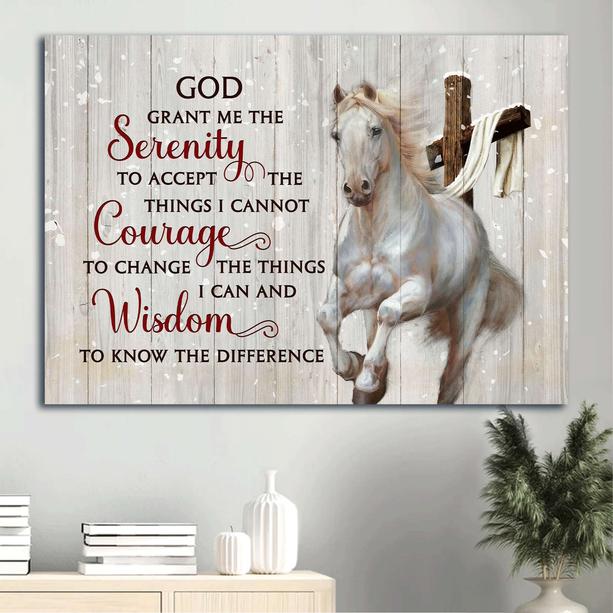 Jesus Landscape Canvas - White Horse, Wooden Cross Canvas - Gift For Christian - God Grant Me The Serenity To Accept The Things I Cannot Courage Canvas