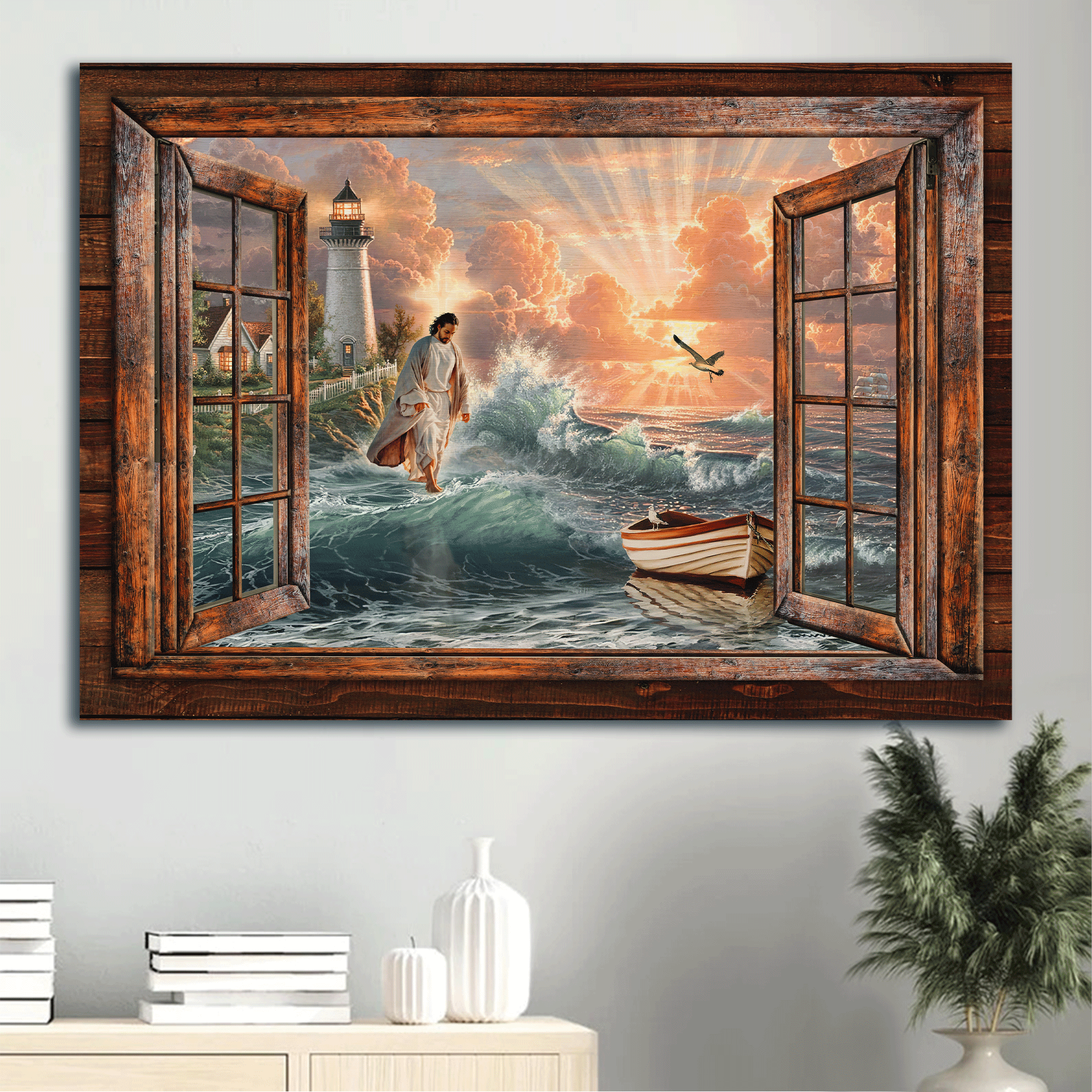 Jesus Landscape Canvas - Jesus walks on water, Lighthouse on the cliff, When the sun rises Canvas - Gift For Christian