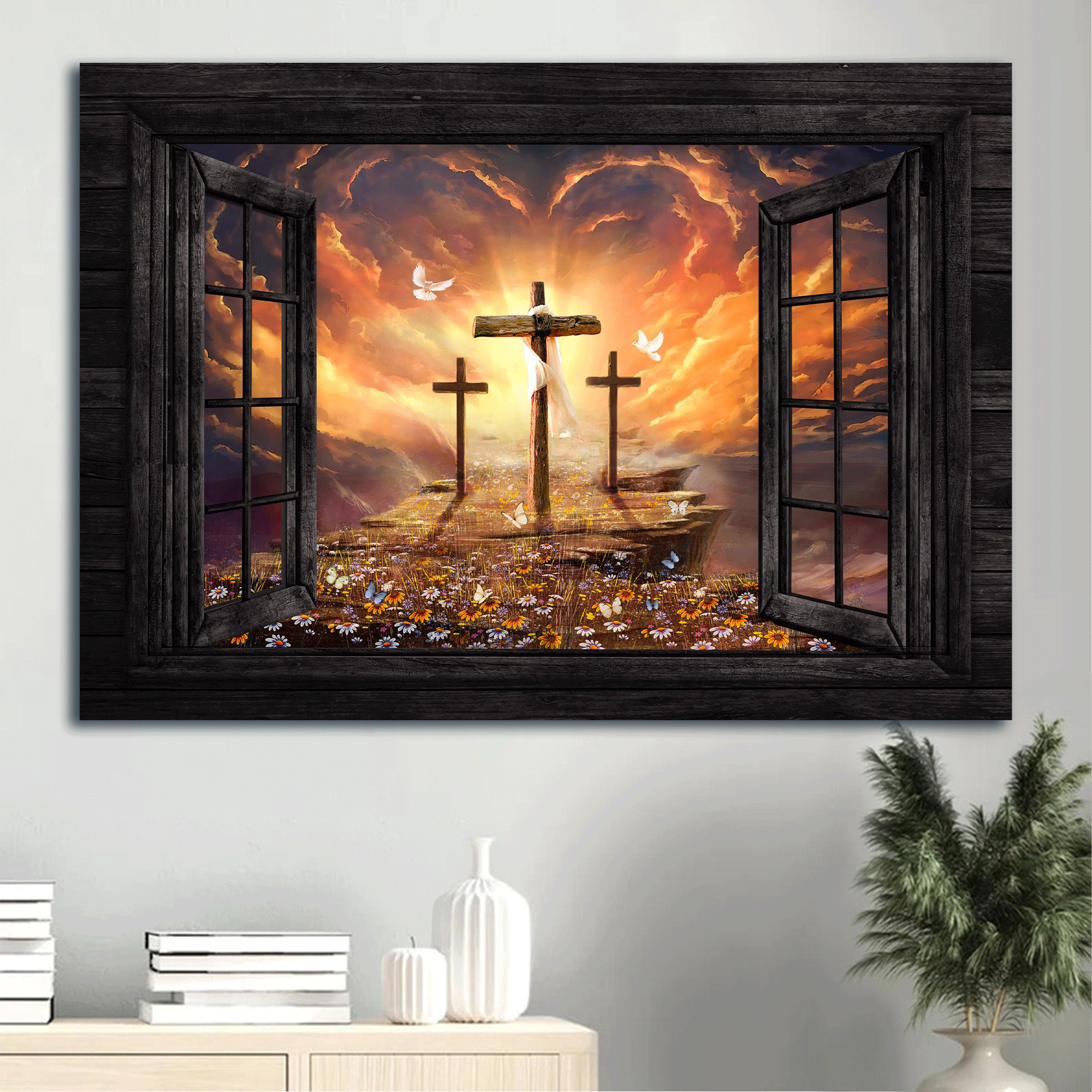 Jesus Landscape Canvas- Black window frame, Sunset painting, The three crosses - Gift for Christian - Landscape Canvas Prints, Christian Wall Art