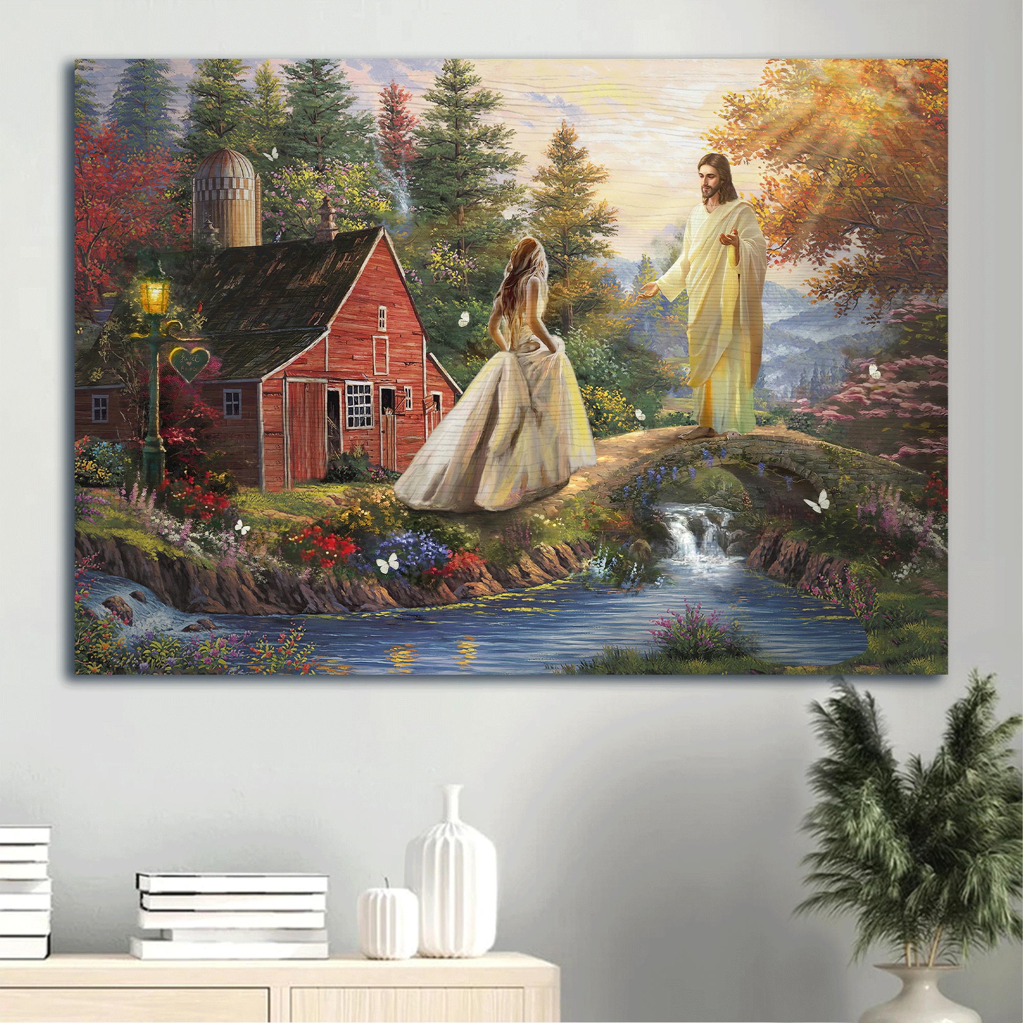 Jesus Landscape Canvas - Beautiful scenery, Wonderful forest, Little red house, Come into his arms Landscape Canvas - Gift For Christian