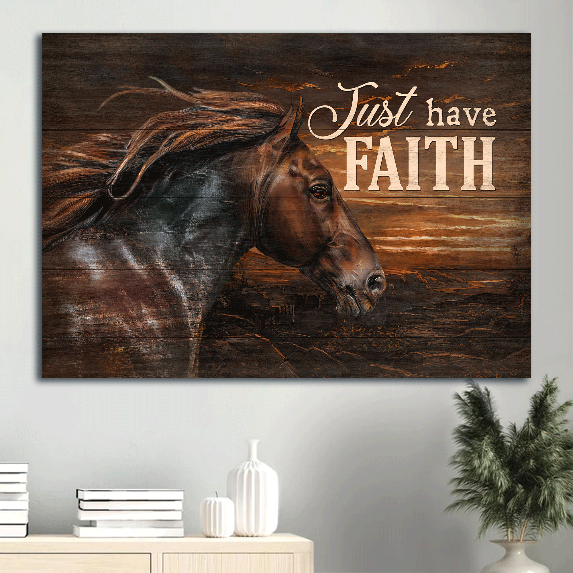 Jesus Landscape Canvas- Black horse, Dark orange sunset, Jesus painting- Gift for Christian- Just have faith - Landscape Canvas Prints, Christian Wall Art