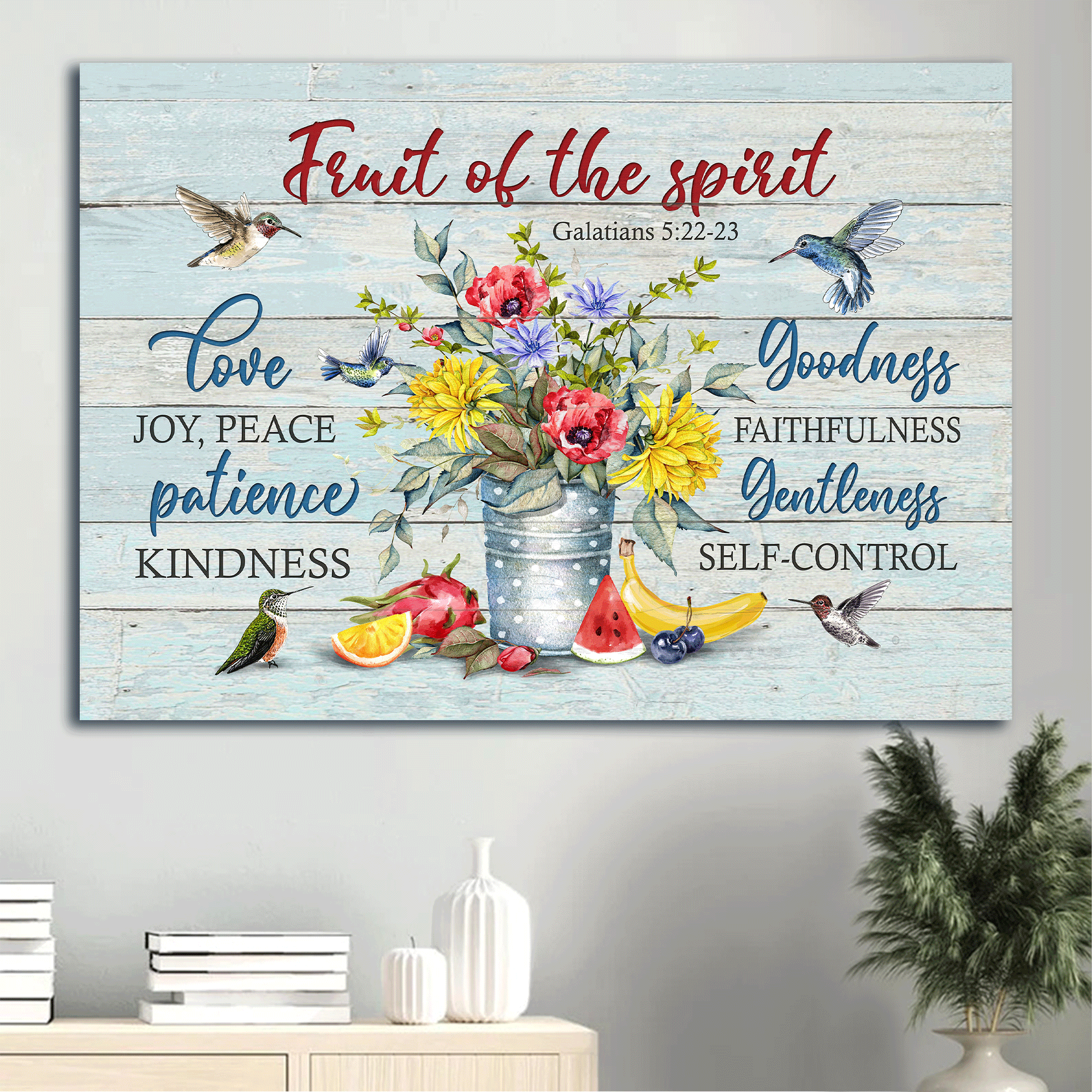 Jesus Landscape Canvas - Flower vases, Hummingbird Landscape Canvas - Gift For Christian - Fruit of the spirit Landscape Canvas