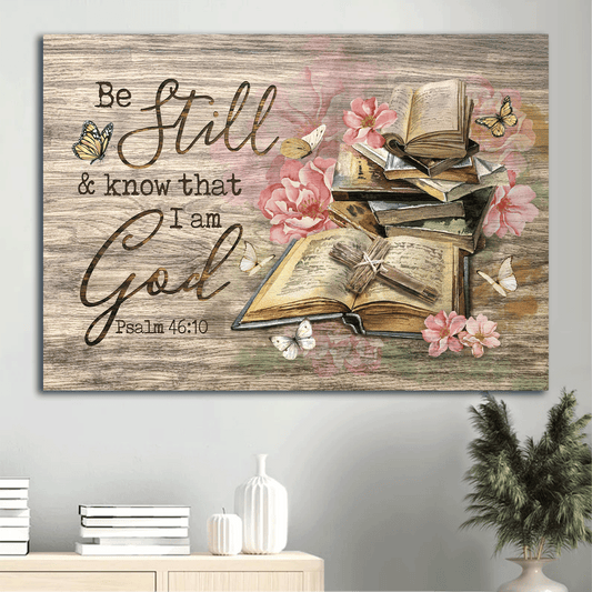 Jesus Landscape Canvas - Pink azalea, Bible books, Rugged cross Landscape Canvas - Gift For Christian - Be still I am God Landscape Canvas
