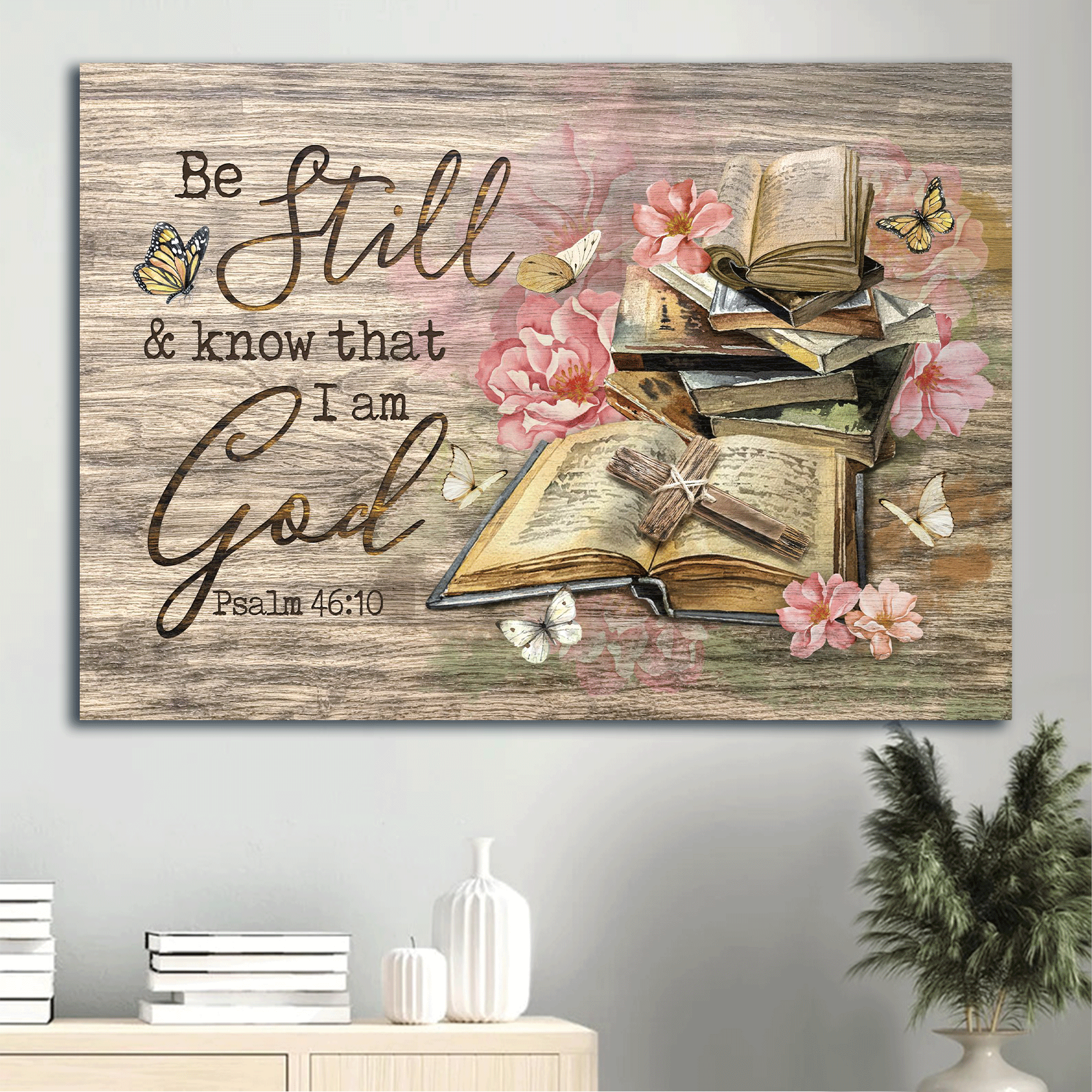 Jesus Landscape Canvas - Pink azalea, Bible books, Rugged cross Landscape Canvas - Gift For Christian - Be still I am God Landscape Canvas