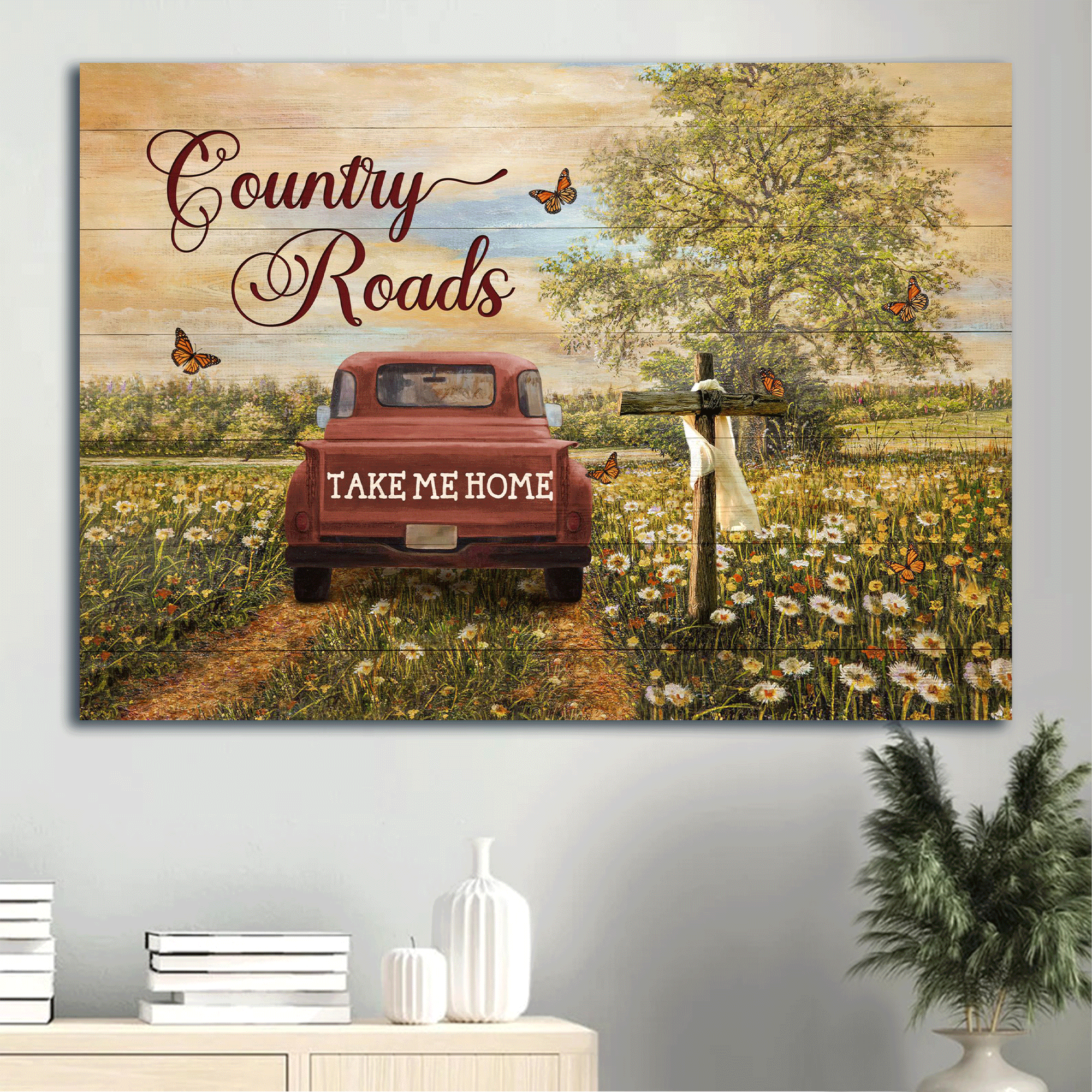 Jesus Landscape Canvas - Beautiful Countryside, Dandelion Field, Ladybug Car Landscape Canvas - Gift For Christian - Country Roads Take Me Home