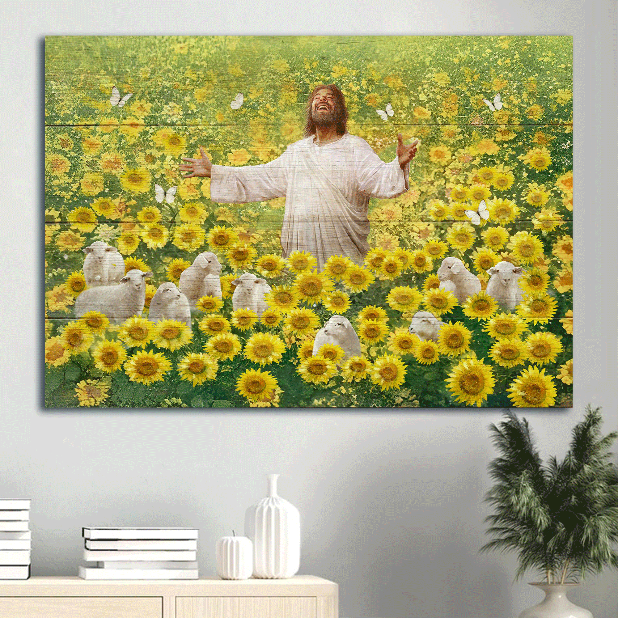 Jesus Landscape Canvas - Sunflower field, Lamb of God, The passion of the Christ Landscape Canvas - Inspirational gift, Gift For Religious Christian