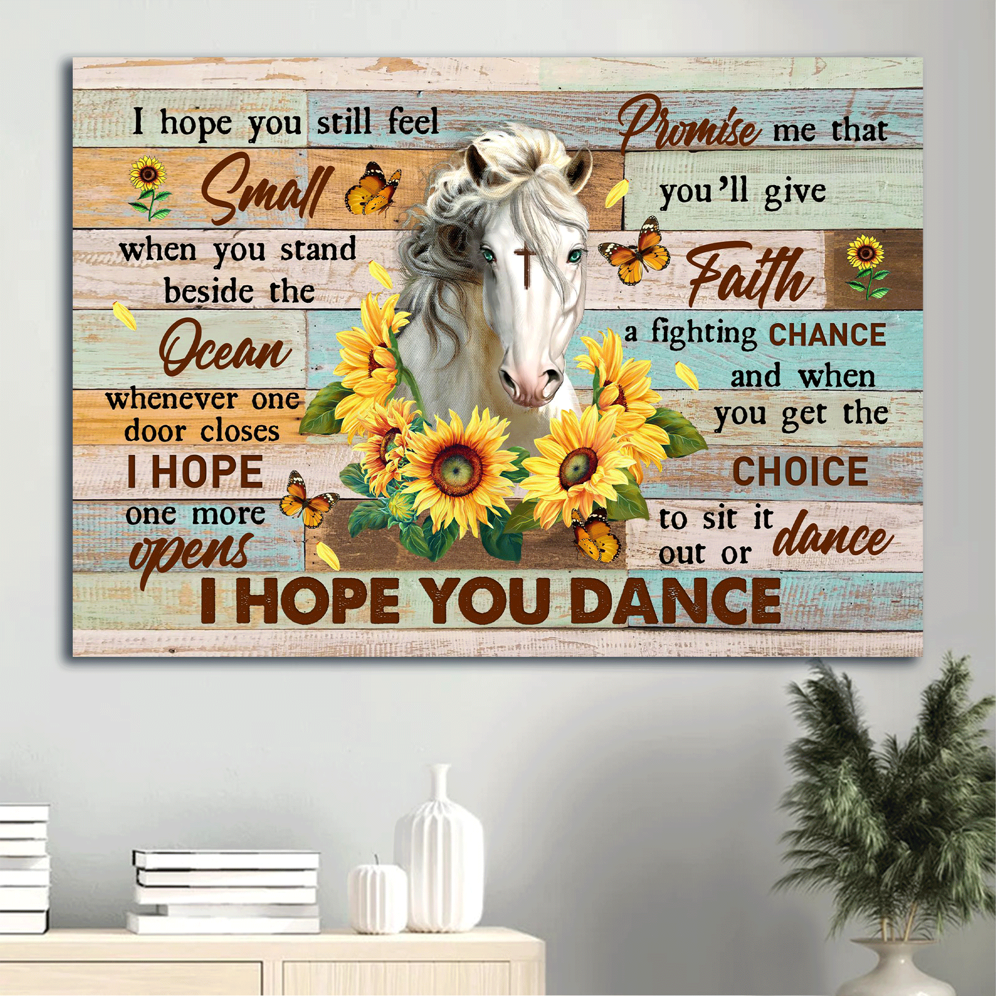 Jesus Landscape Canvas - Beautiful horse, Sunflower, Cross, Butterfly canvas- Gift for Christian- I hope you dance