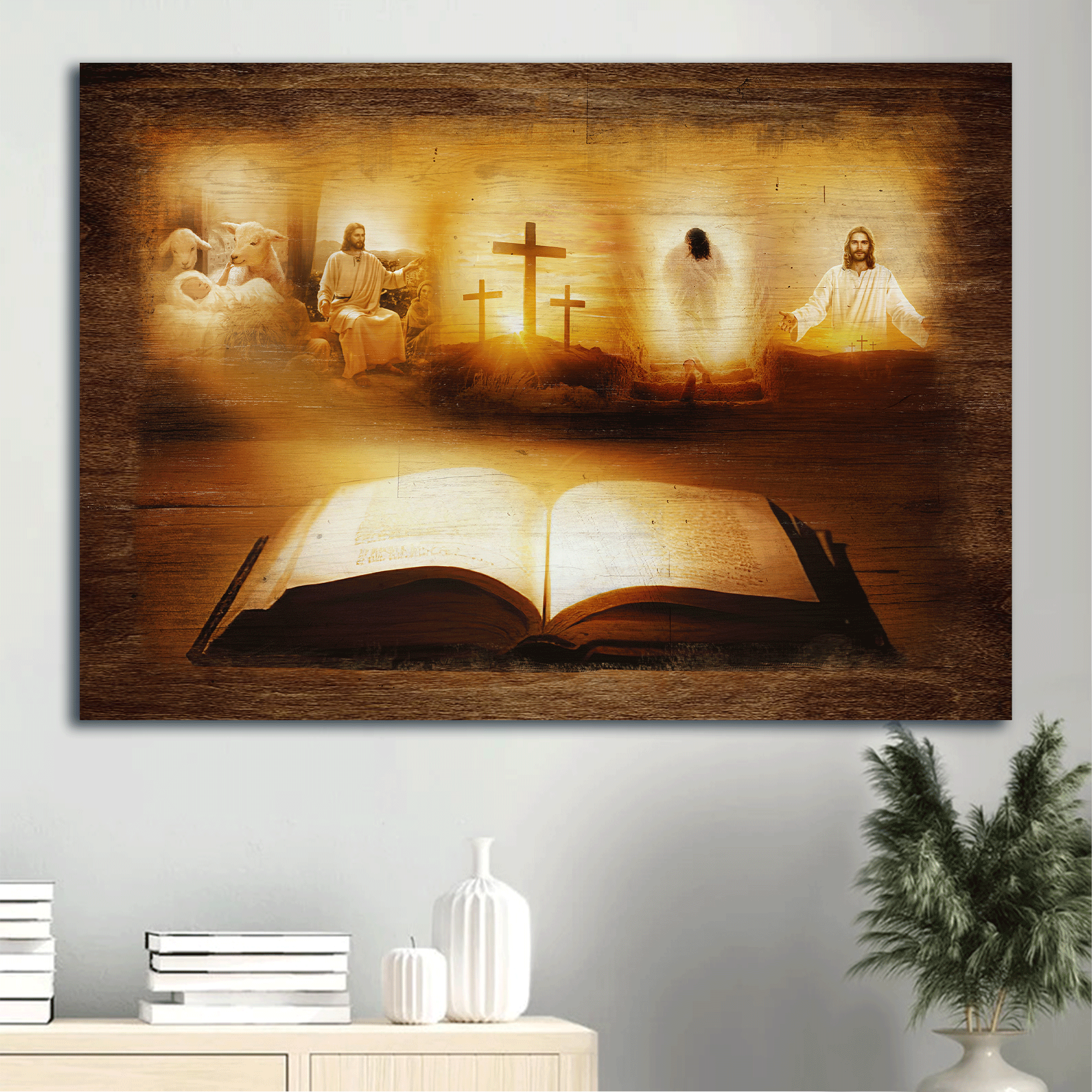 Jesus Landscape Canvas - Bible, Jesus Christ, Cross symbol, The Lamb of God, Light from heaven Landscape Canvas - Gift For Christian