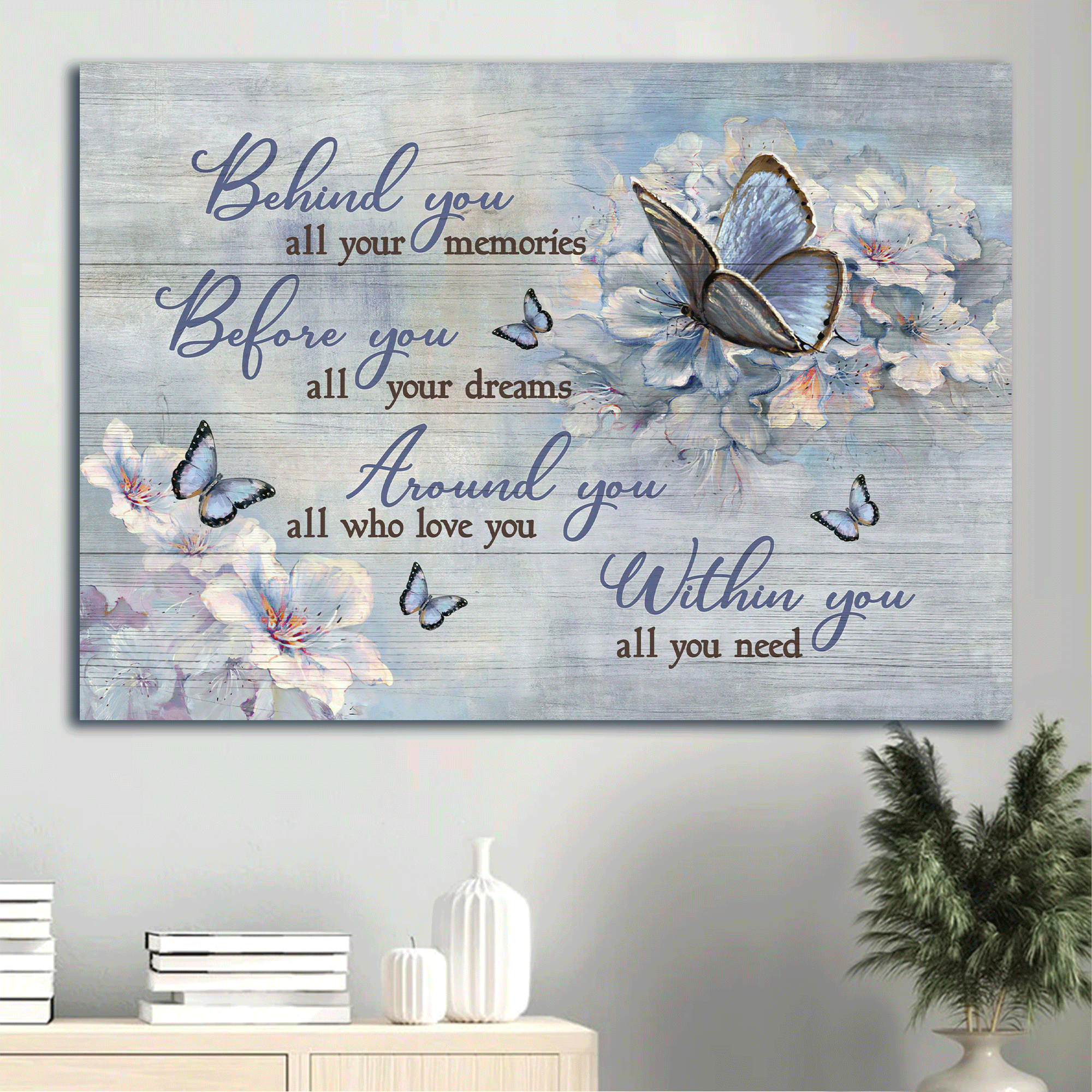 Jesus Landscape Canvas- Blue butterfly, White flower painting, Vintage flower canvas- Gift for Christian- Within you All you need - Landscape Canvas Prints, Christian Wall Art