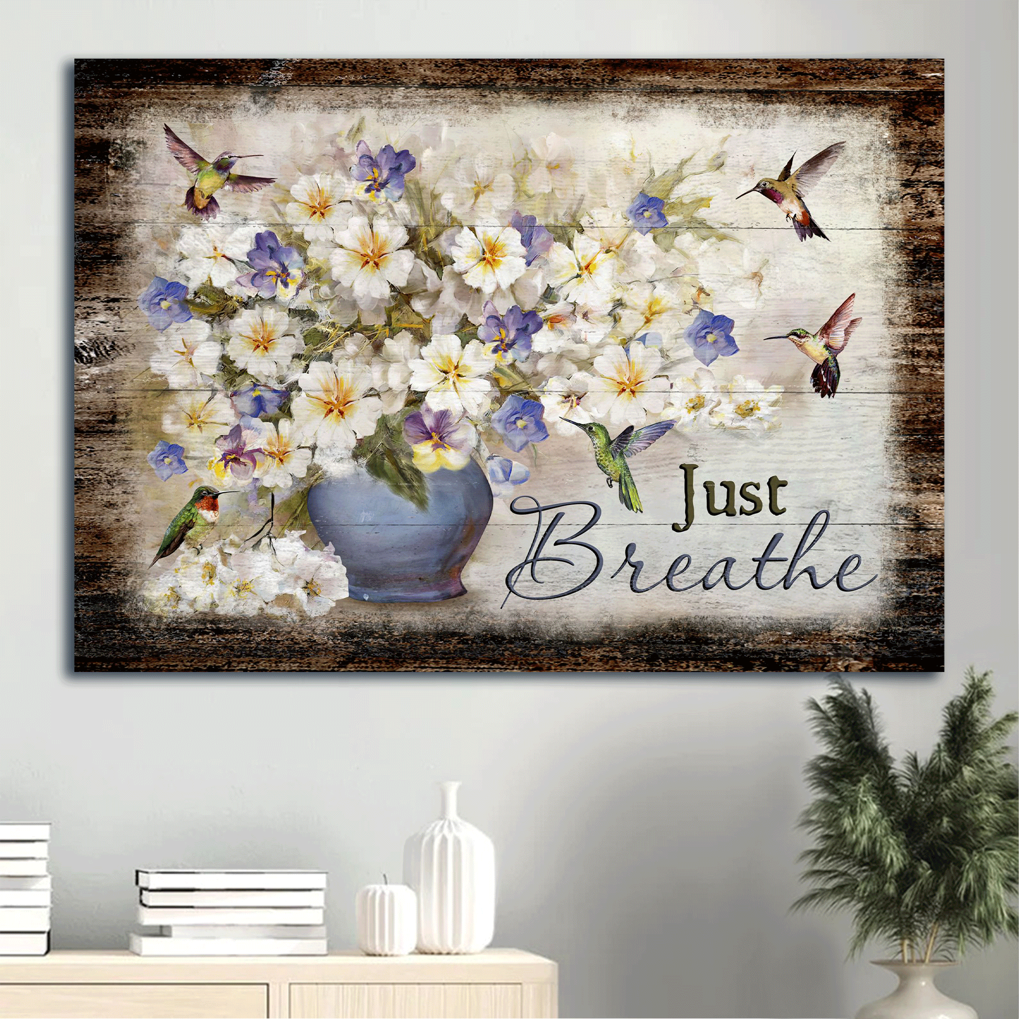 Jesus Landscape Canvas- Bacopa Plant, Flower Vase, Hummingbirds Canvas. Just Breathe Canvas- Gift For Christian