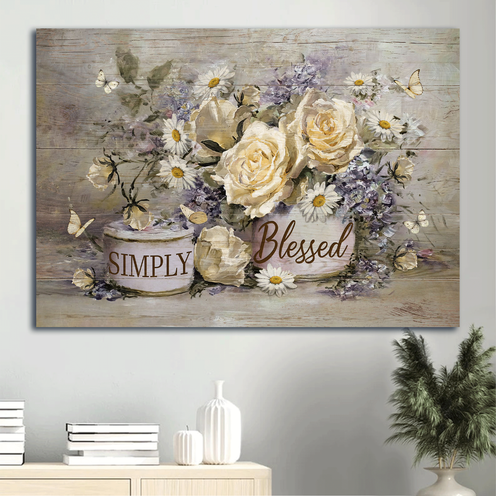 Jesus Landscape Canvas- Antique Artwork, Vintage Flower, Yellow Butterfly Landscape Canvas, Simply Blessed Canvas- Gift For Christian