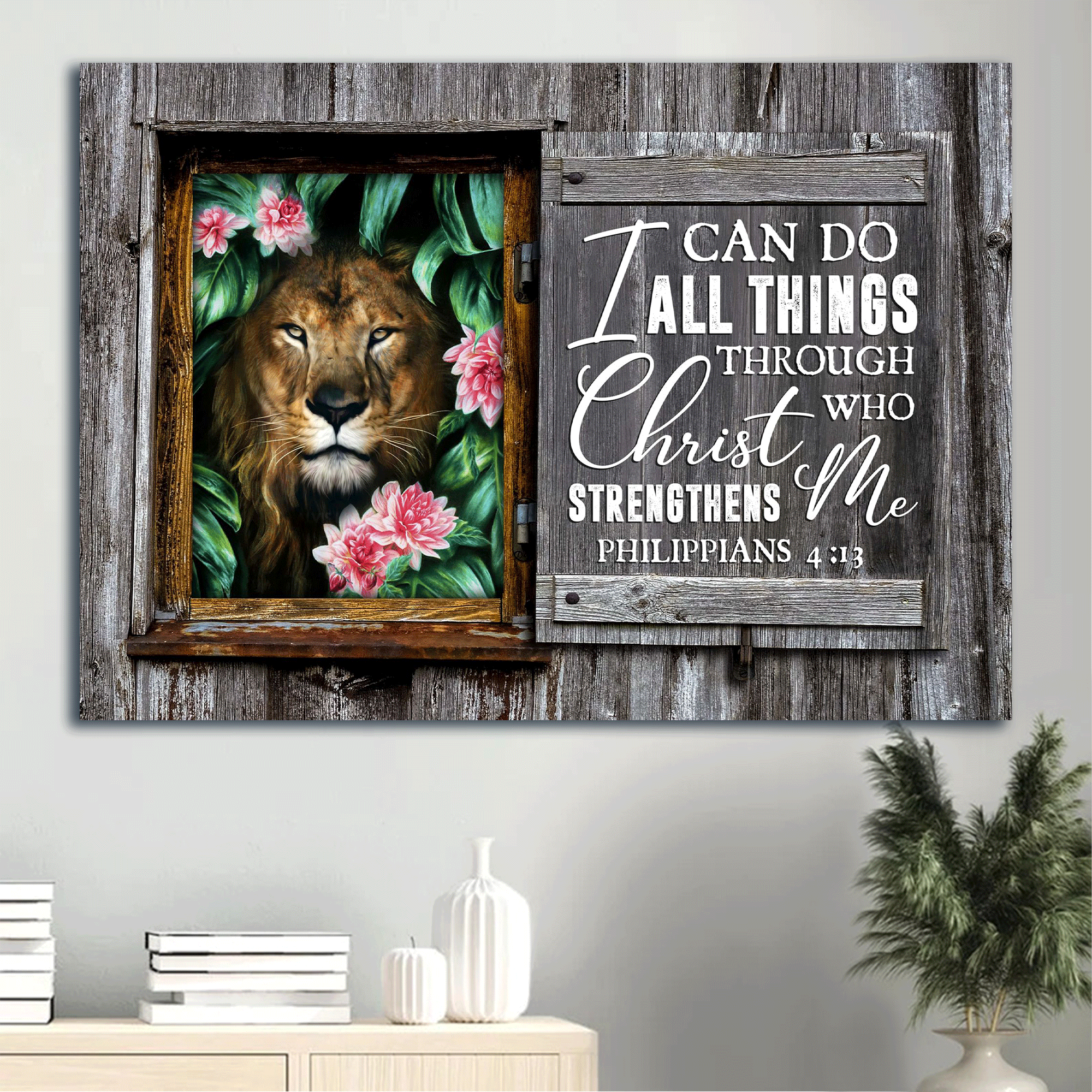 Jesus Landscape Canvas- Awesome Lion, Flower Canvas- Gift For Christian- I Can Do All Things Through Christ Who Strengthens Me