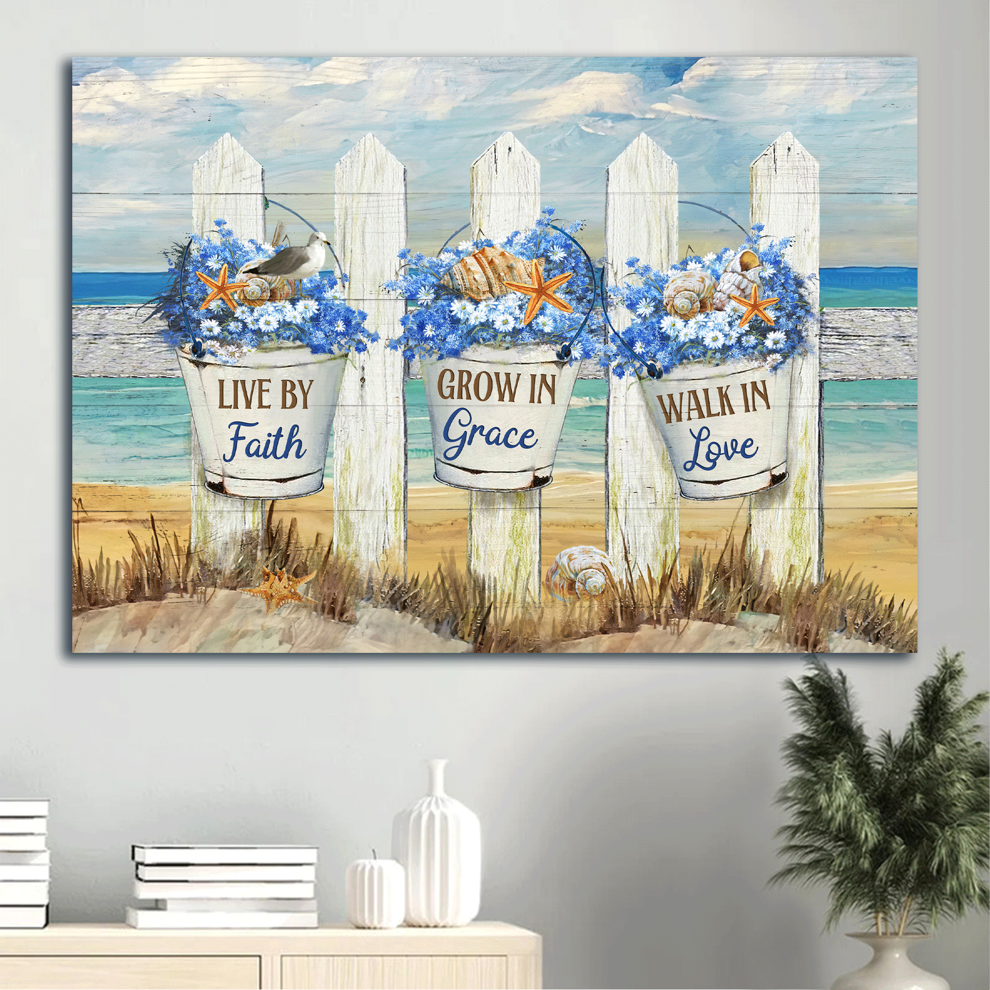 Jesus Landscape Canvas- Baby Flower, Beach Drawing, White Fence, Sea Animal Canvas- Gift For Christian- Live By Faith