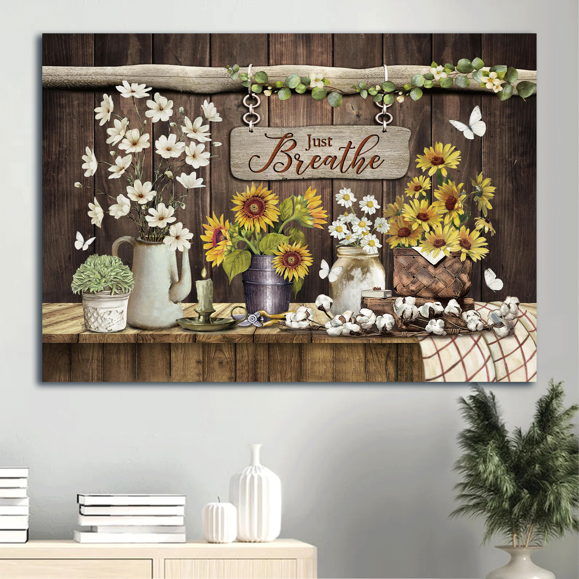 Jesus Landscape Canvas - Stunning Sunflower Vase, Pretty Flower Painting, White Butterfly Canvas - Gift For Christian - Just Breathe Canvas