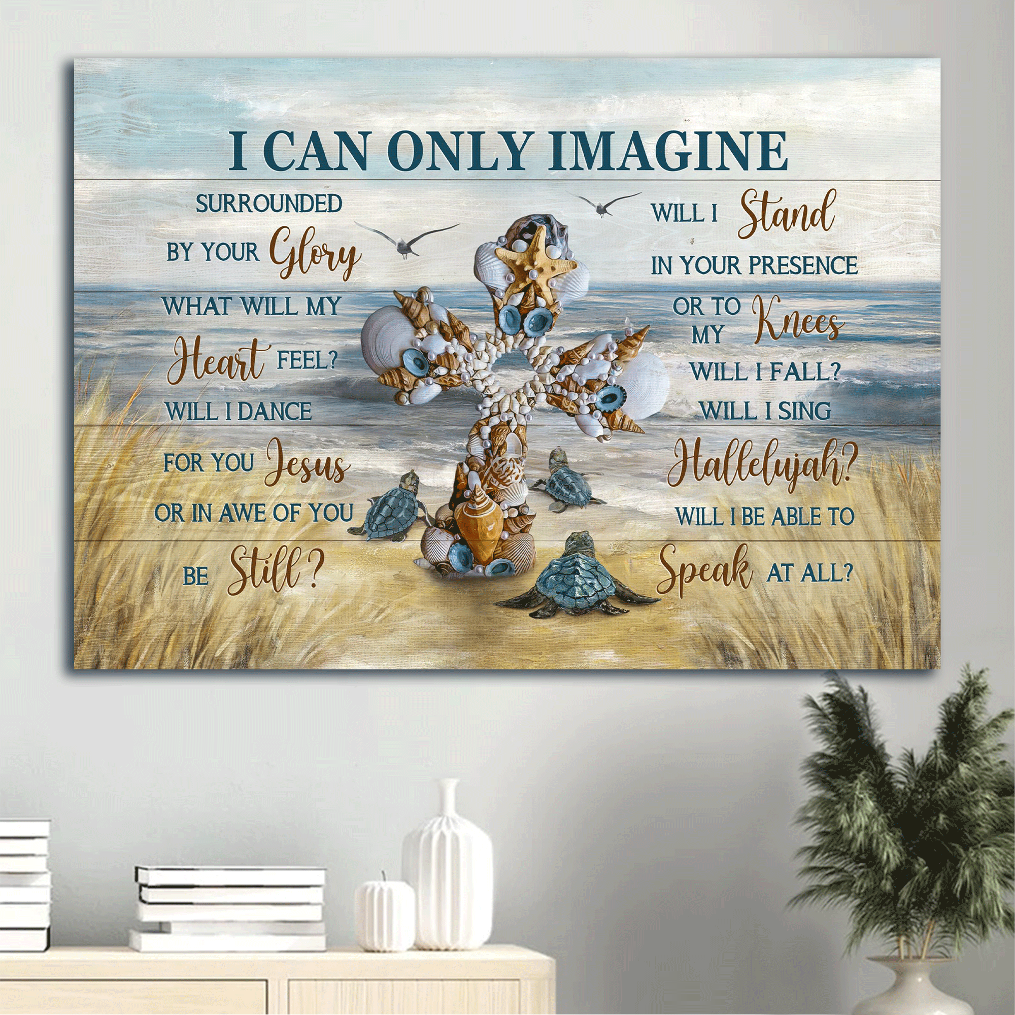 Jesus Landscape Canvas - Beautiful cross, Sea turtle, Seagull, Beach painting Landscape Canvas - Gift For Christian - I can only imagine