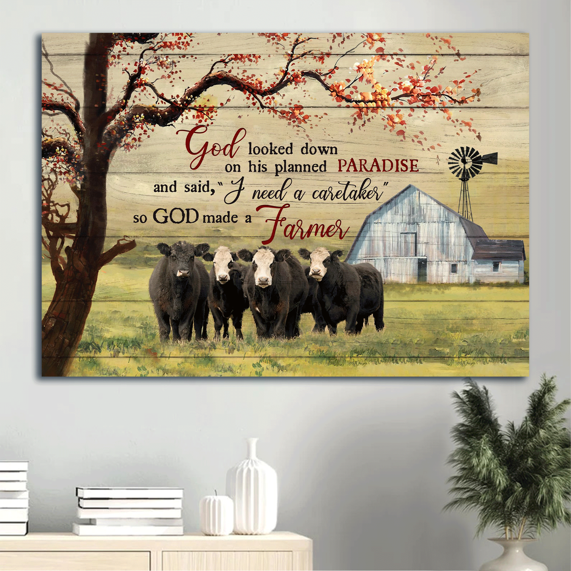 Jesus Landscape Canvas- Aberdeen Angus Canvas, Tranquil Farm, Under The Tree, Spring Grass Field Landscape Canvas- Gift For Religious Christian- God Looked Down On His Planned Paradise