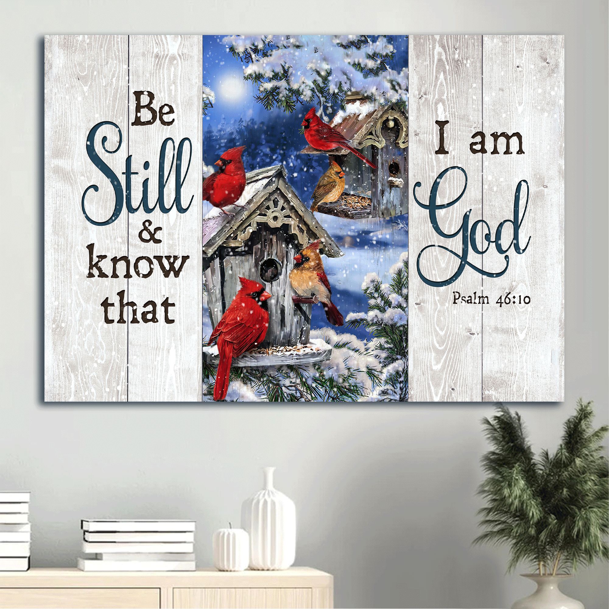 Jesus Landscape Canvas- Blue night, Cardinal drawing, Birdhouse canvas- Gift for Christian- Be still and know that I am God - Landscape Canvas Prints, Christian Wall Art