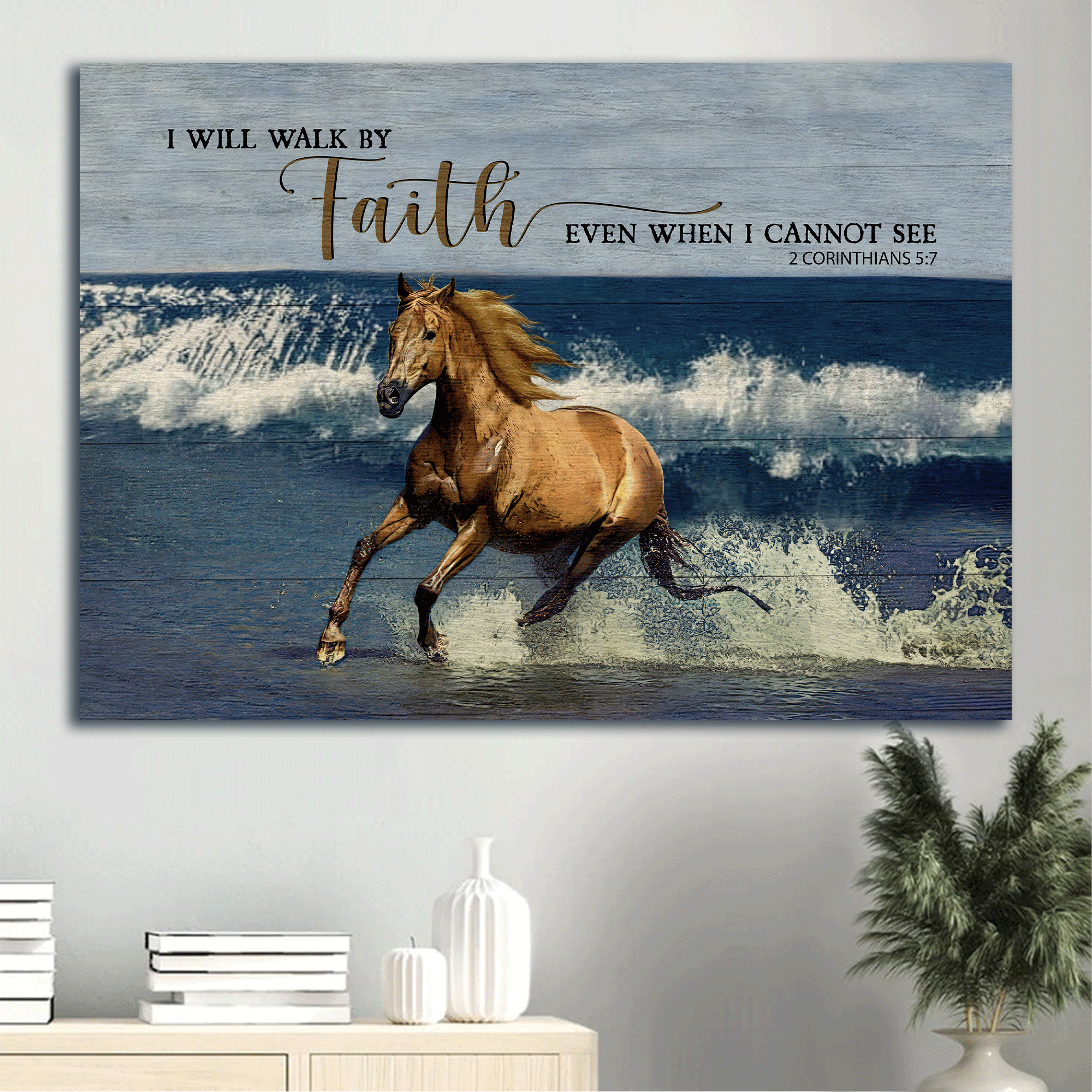 Jesus Landscape Canvas- Blue ocean painting, Running horse- Gift for Christian- I will walk by faith even when I cannot see - Landscape Canvas Prints, Christian Wall Art