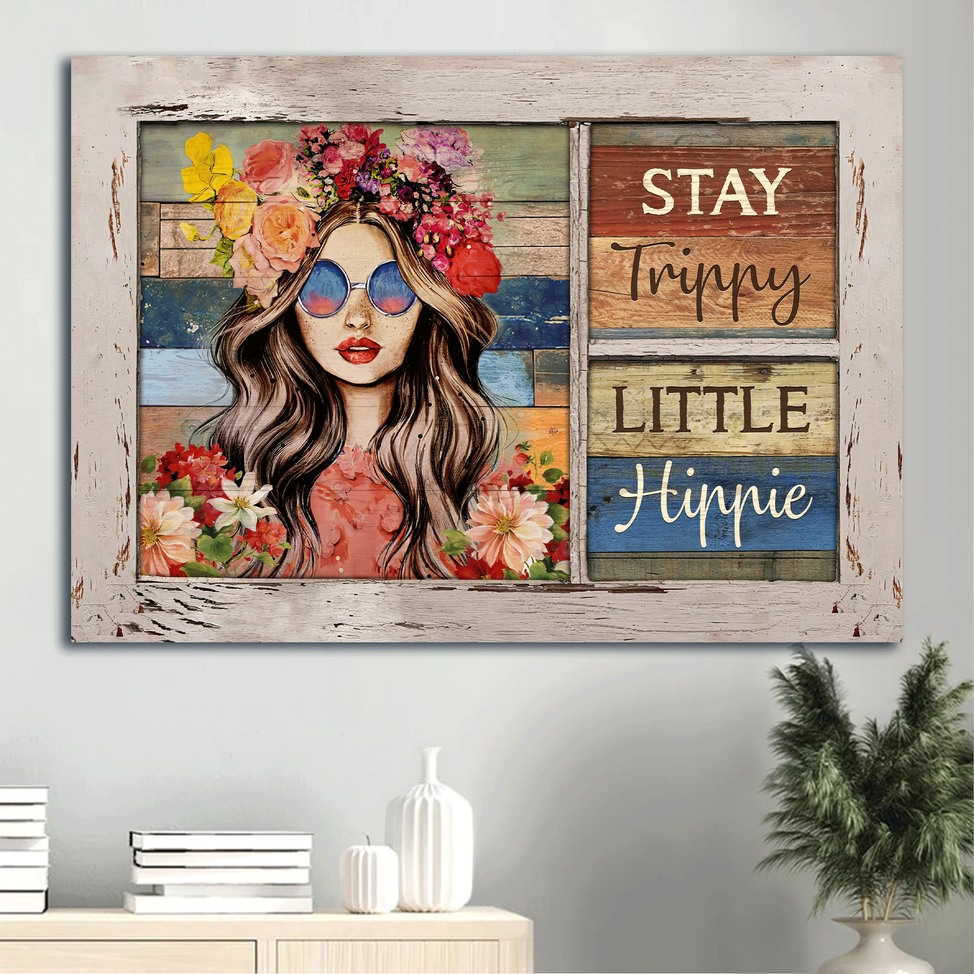 Jesus Landscape Canvas- Beautiful girl, Flower crown canvas- Gift for Christian- Stay trippy little hippie